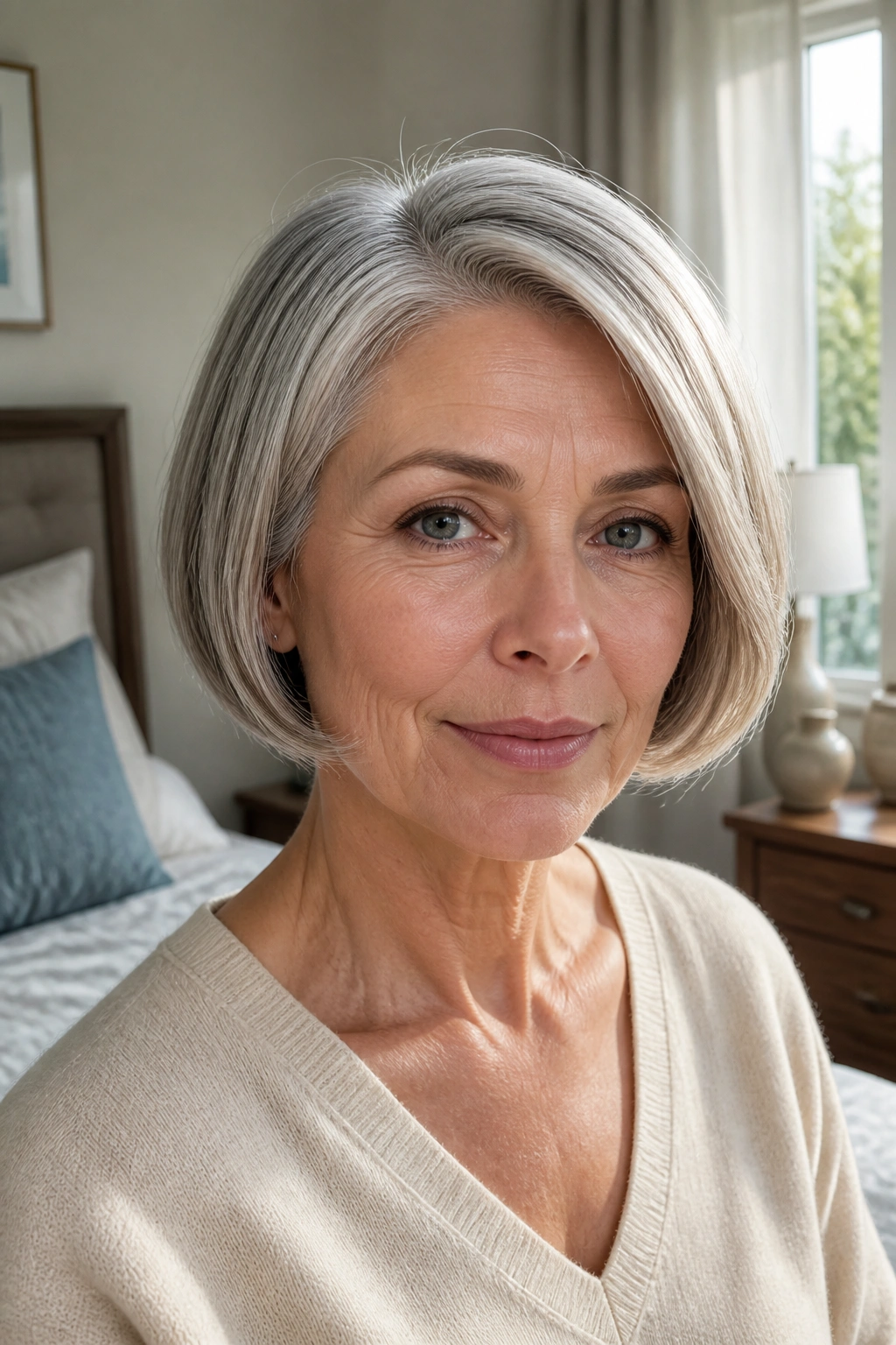 Close-up of real woman with tucked-under bob in a cozy bedroom