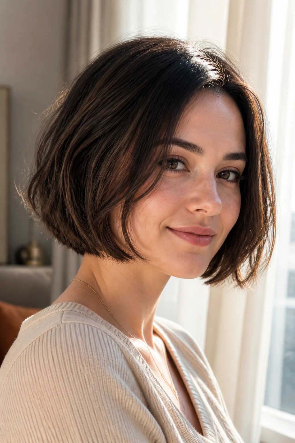 Close-up of a real person with tucked-under bob and broken texture in natural light