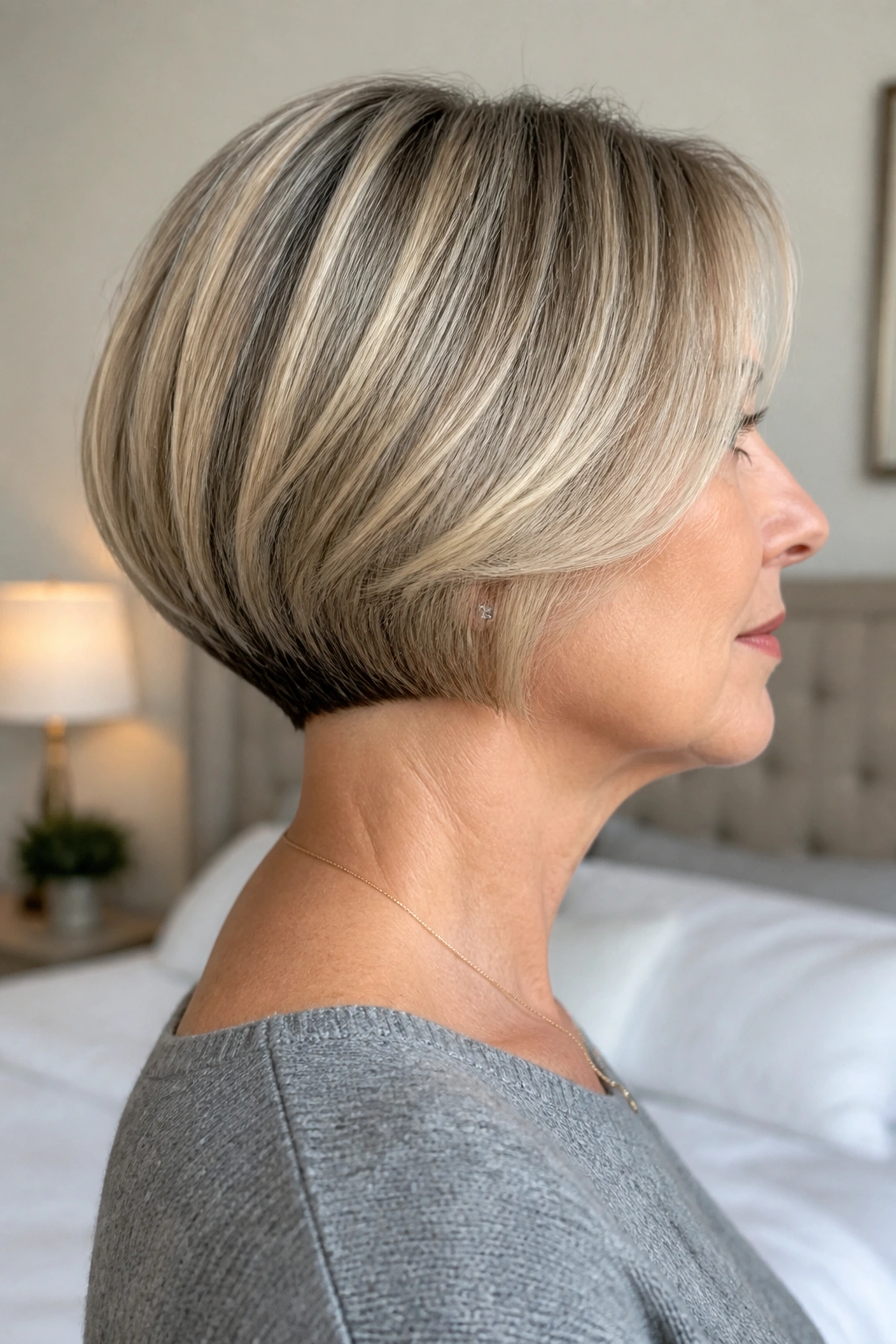 Profile of a real woman with tucked-under bob showing a clean nape