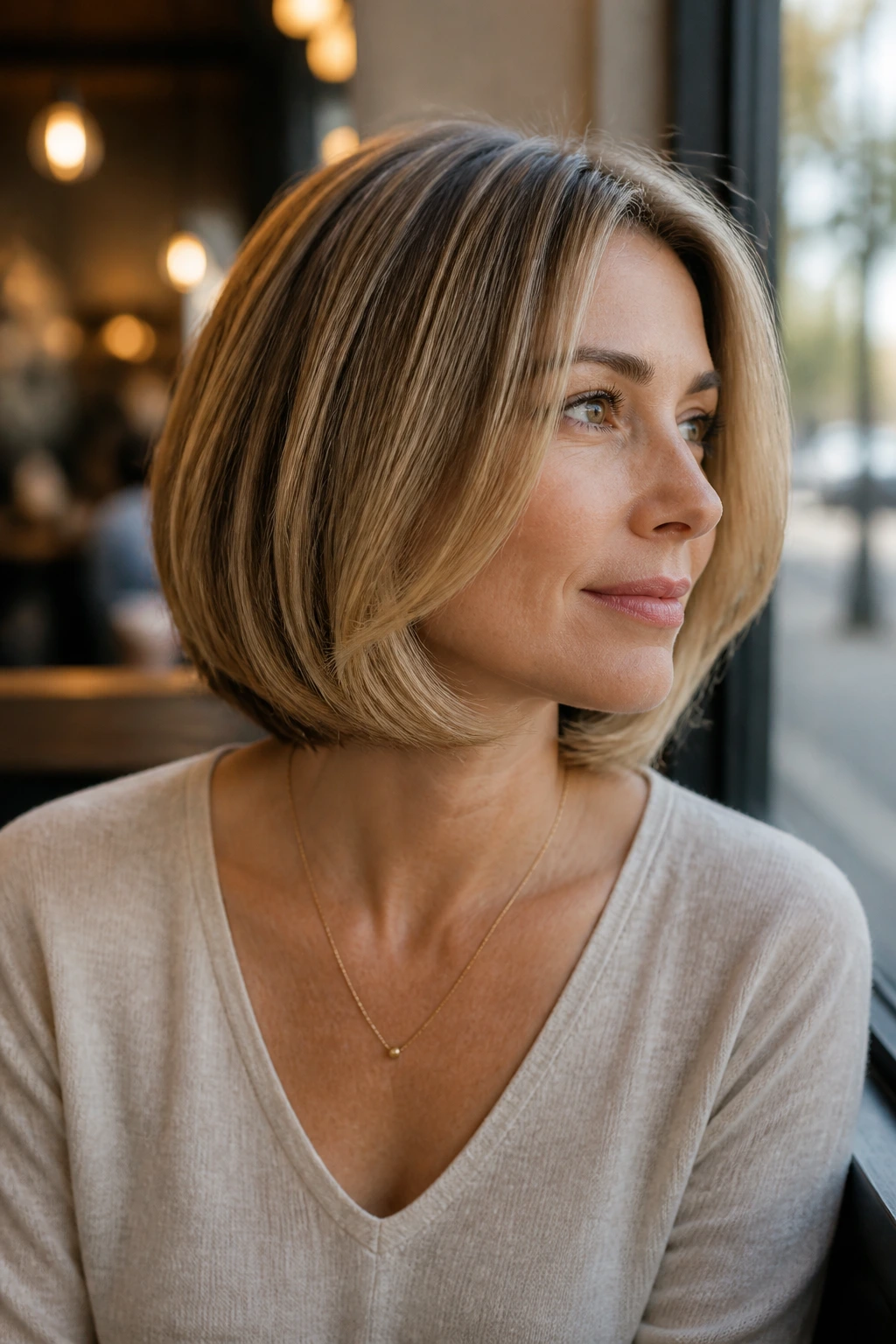 Close-up portrait of a real woman with tucked-under bob and light ends in natural daylight