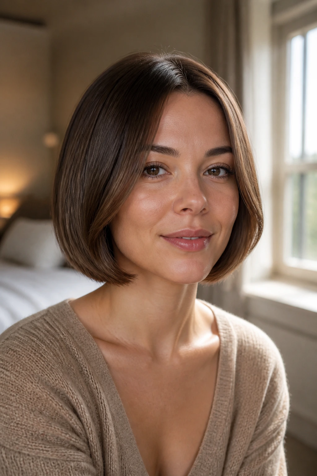 Close-up of a real woman with a tucked-under bob, neck-hugging ends, flattering for round faces