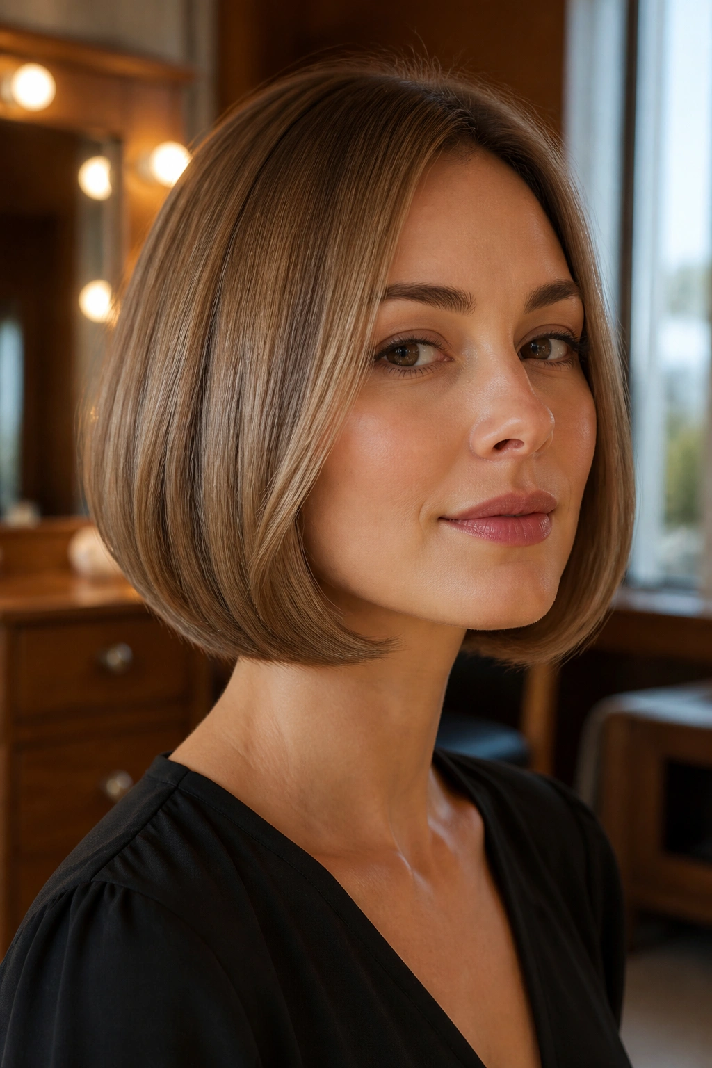 Portrait of a real woman with a tucked-under bob showing a polished chin-length curve.