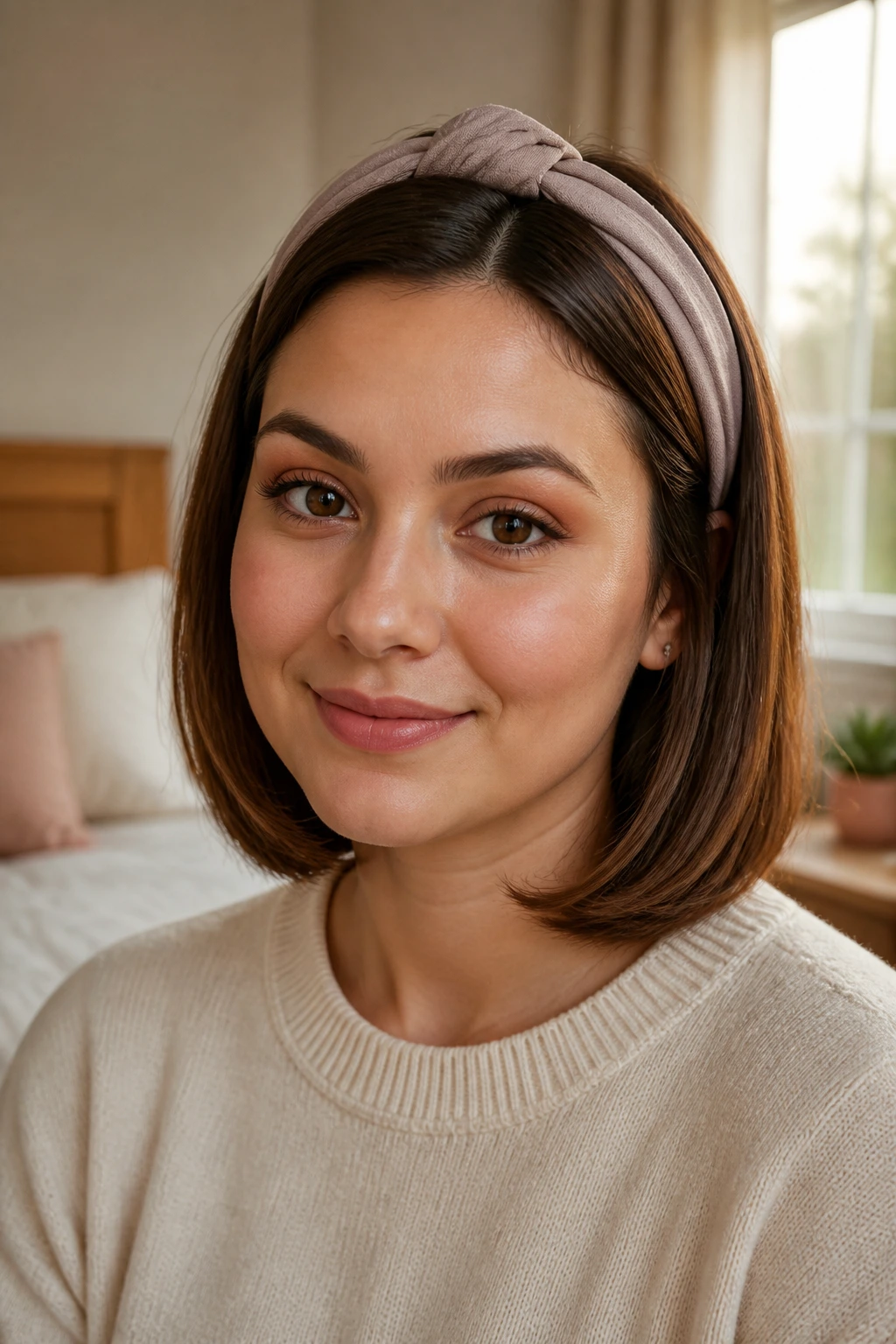 Close-up of a woman with tucked-under ends and a headband, crown lift, warm window light
