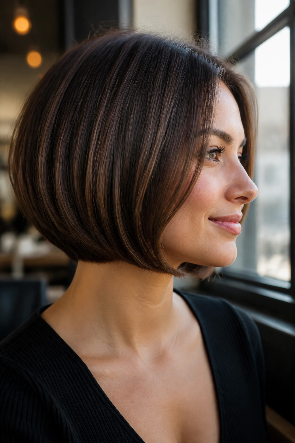 Real woman with a tucked-under inverted bob.