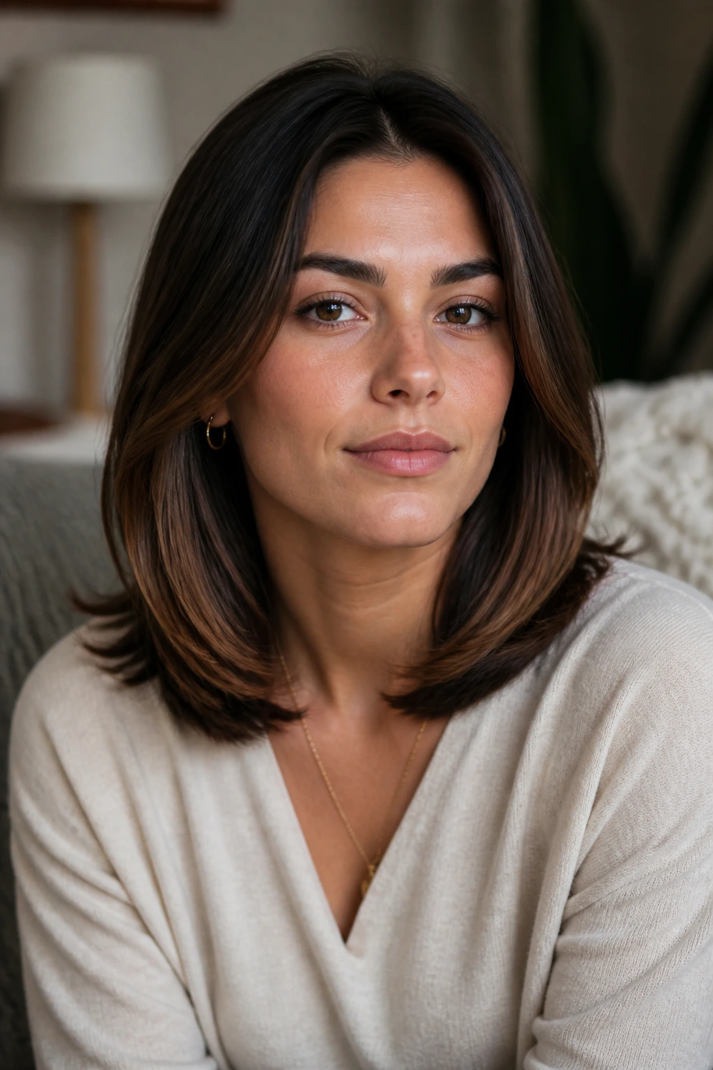 Close-up of a real person with a tucked-under mid-length cut showing the curved under ends