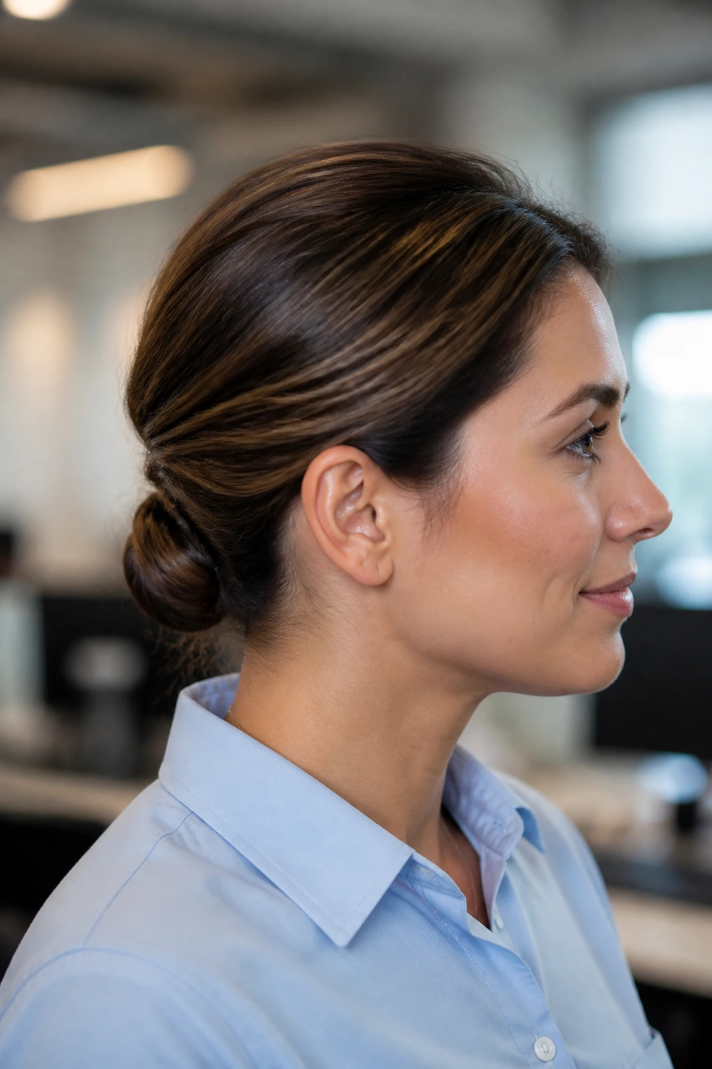 Close-up of a real woman with a tucked-under ponytail in an office setting