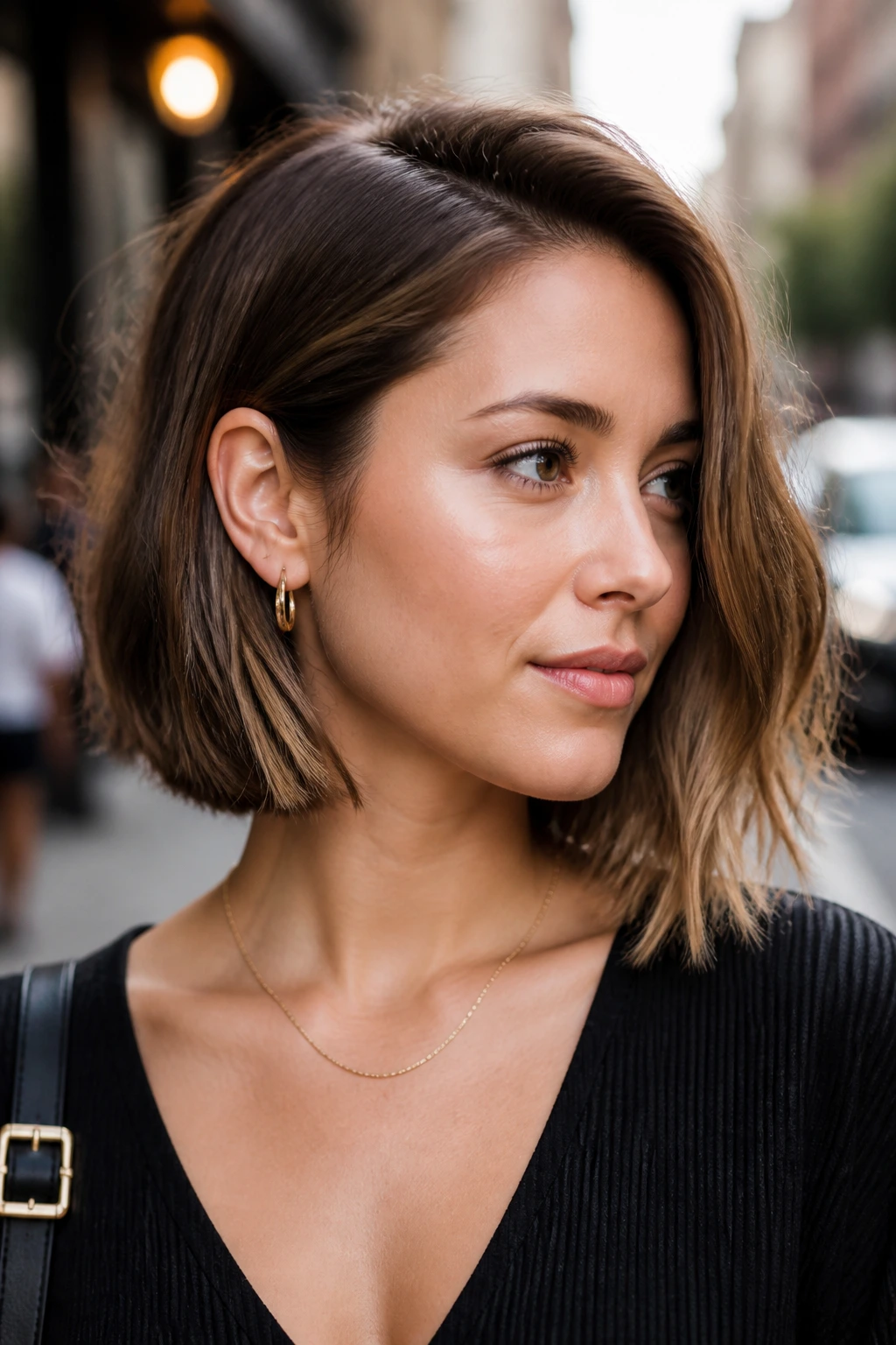 Portrait of a real woman with a tucked-and-untucked lob showing one side tucked behind the ear.