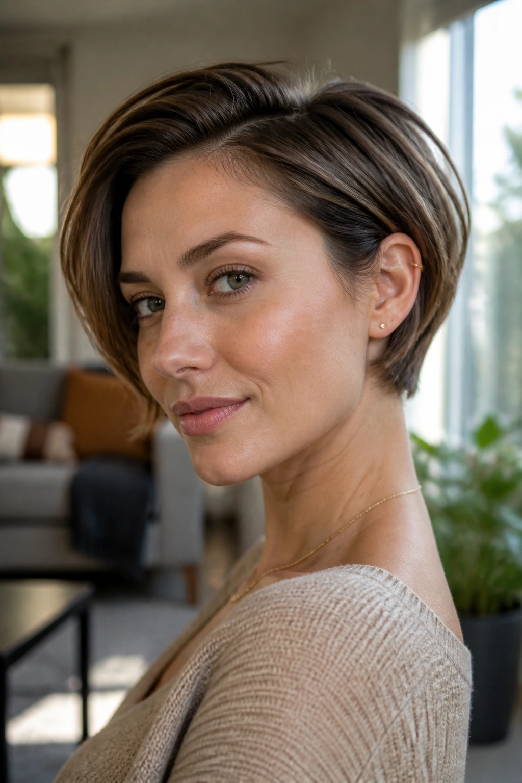 Close-up of a real woman with tucked-behind-ear pixie bob in bright daylight