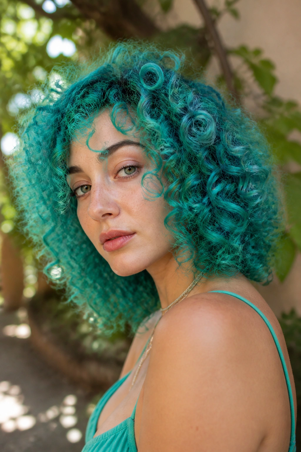Close-up of turquoise curls on a real person in natural sunlight