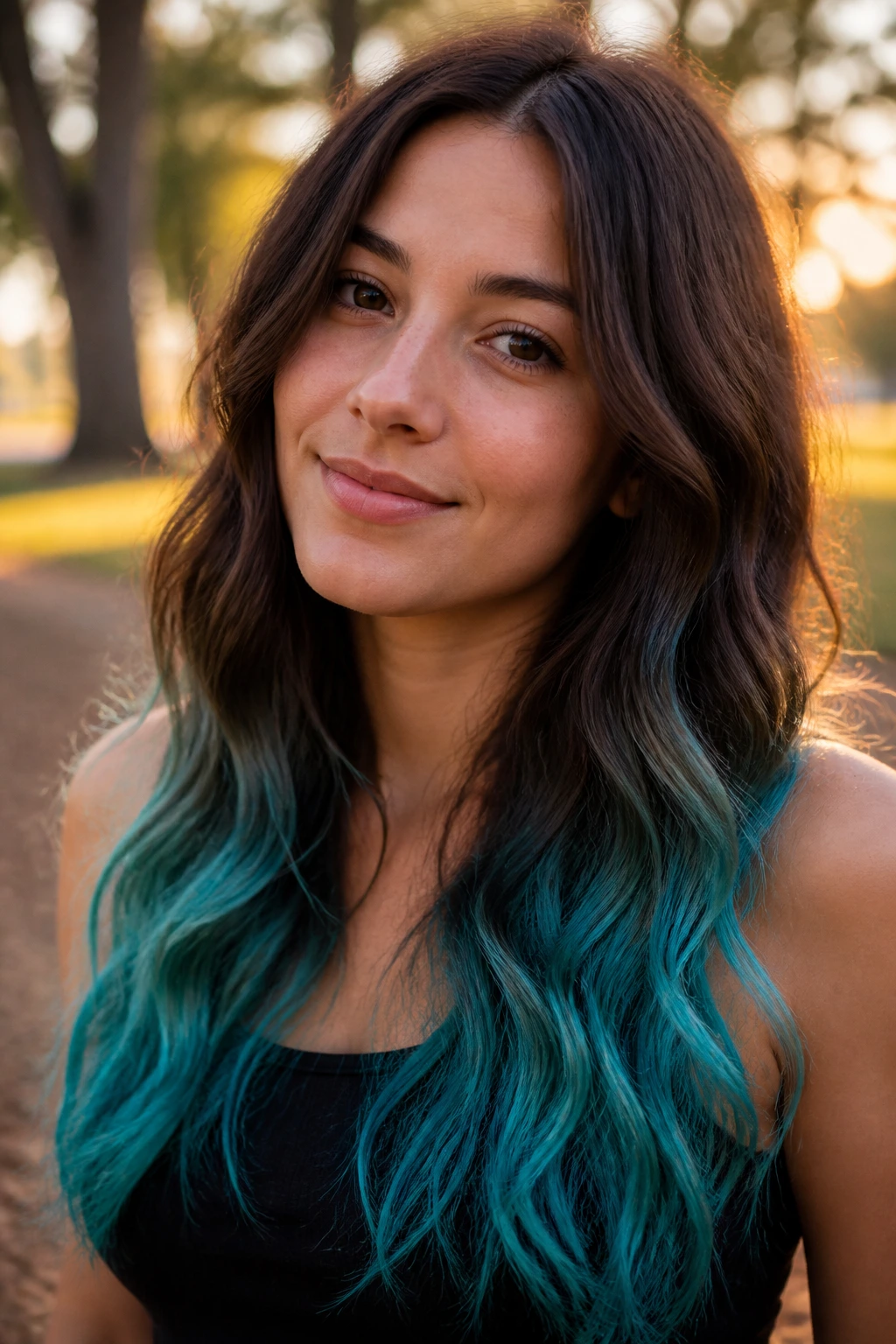 Real person with turquoise-dipped ends on long brunette hair in golden hour light