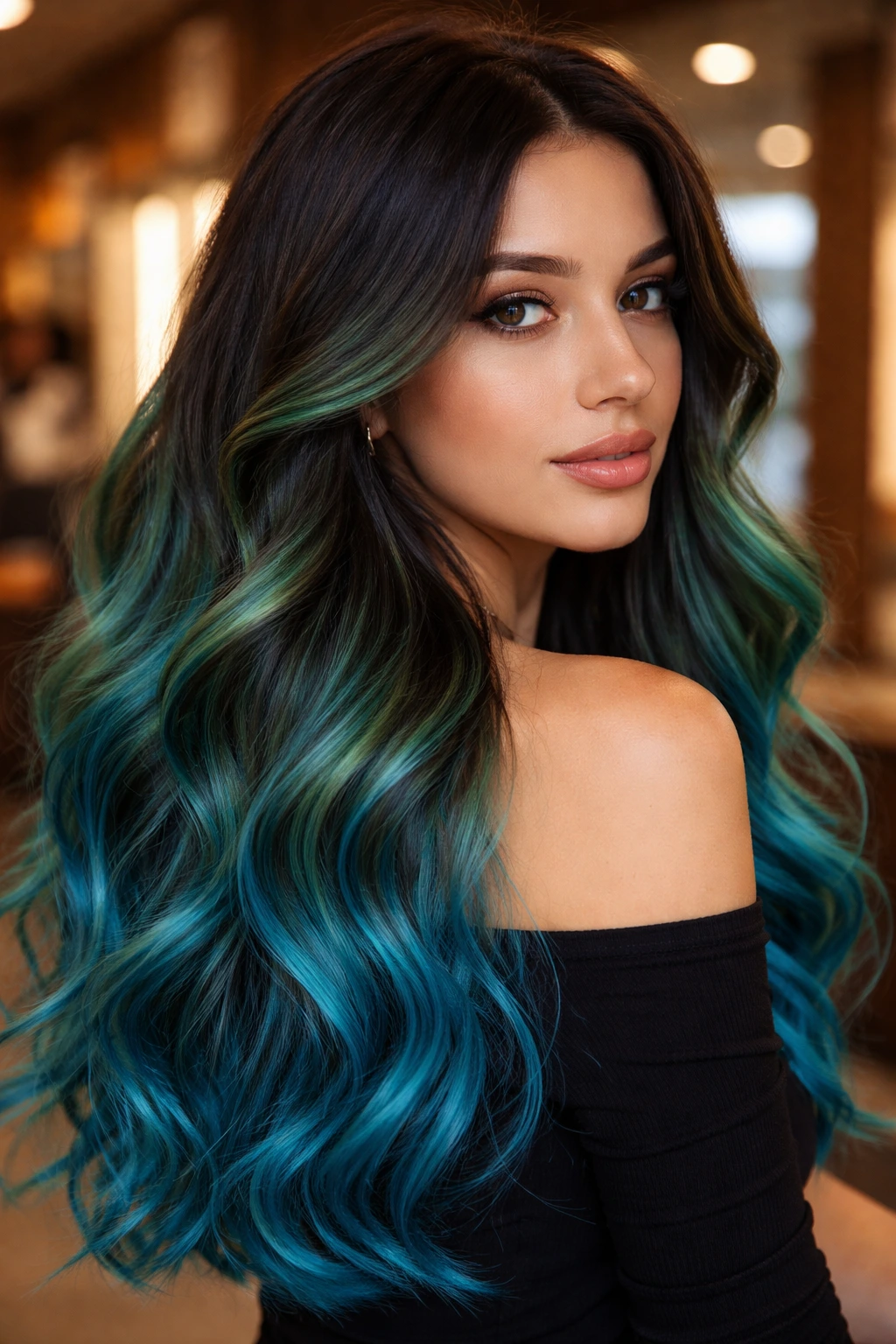 Hair gradient from dark brown roots to turquoise ends