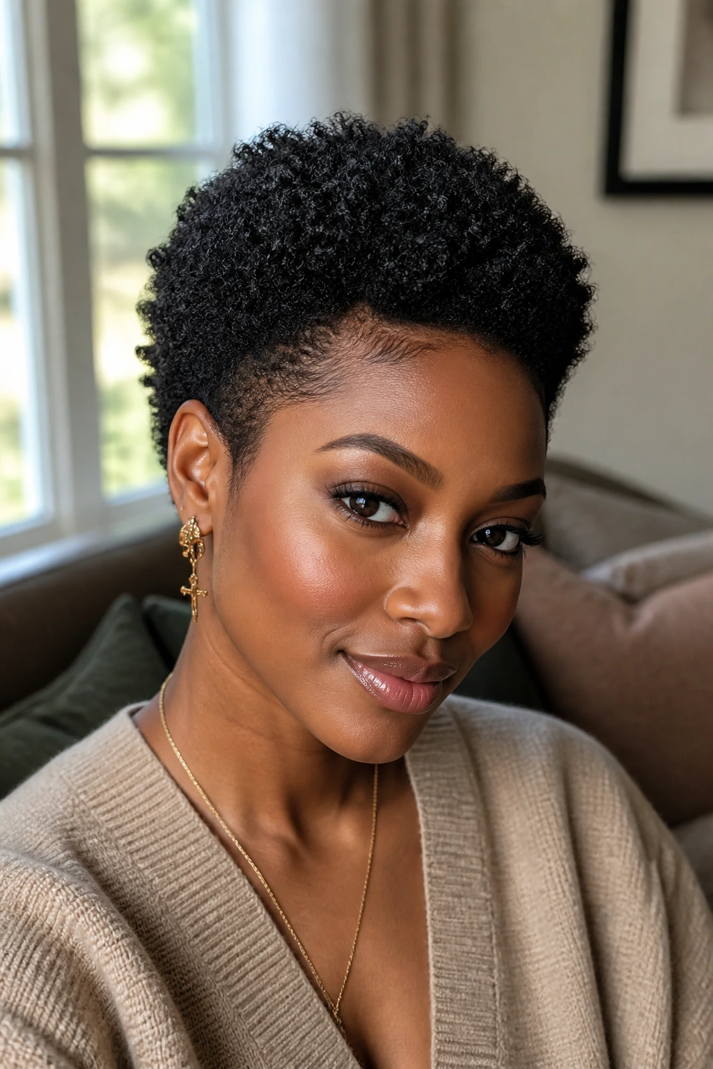 Real woman with sculpted TWA afro and crisp edges