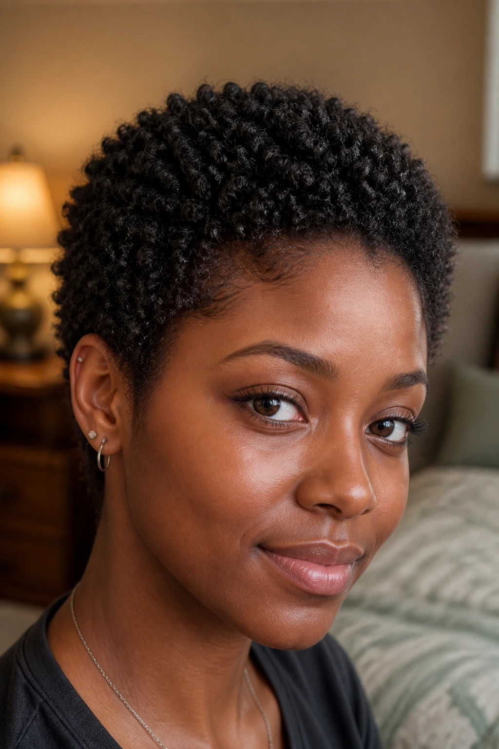 Close-up of a real person with defined tiny coils forming a teeny afro in a softly lit bedroom