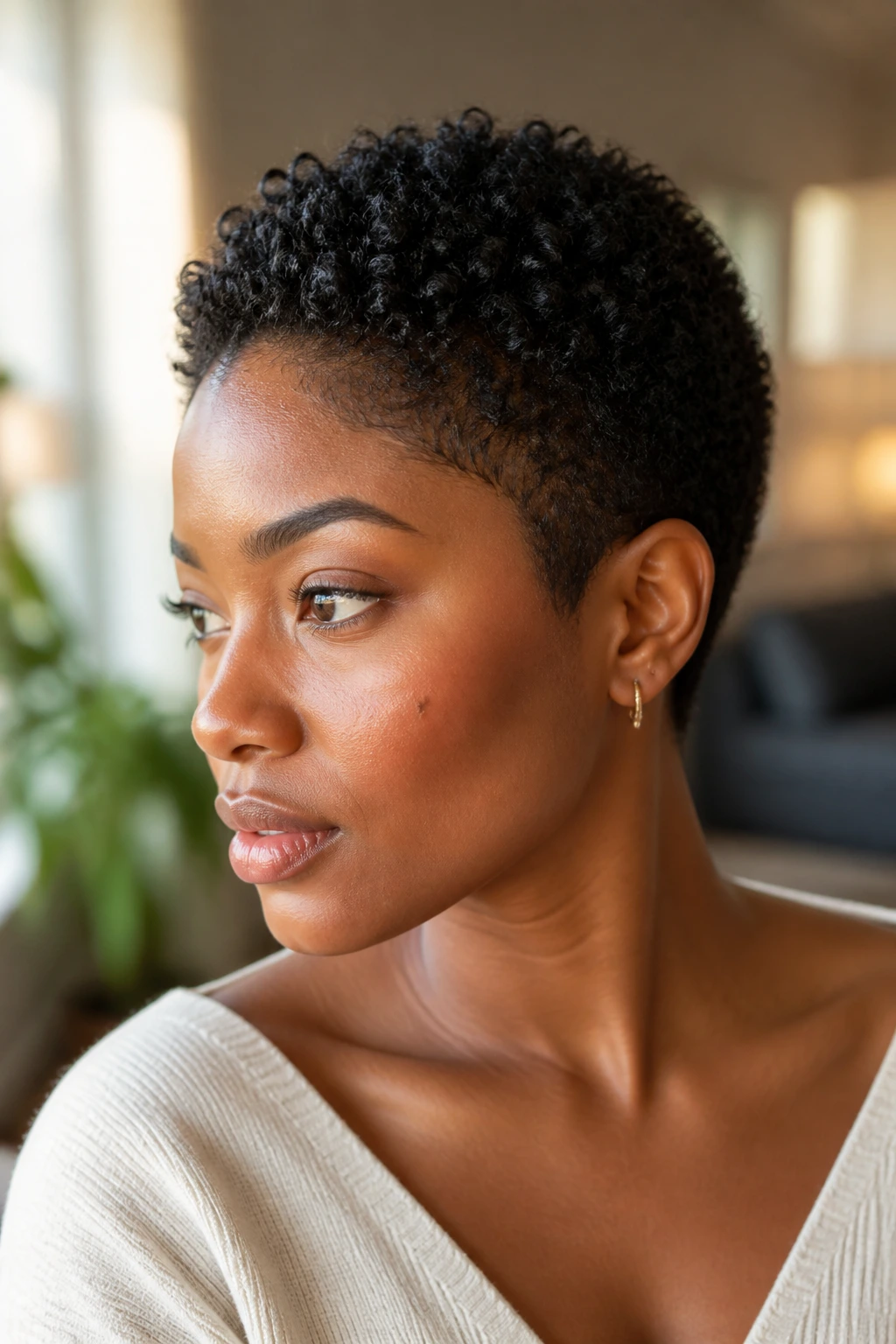 Close-up portrait of a real Black woman wearing a TWA-Inspired Pixie with Soft Shape showcasing textured, rounded crown.
