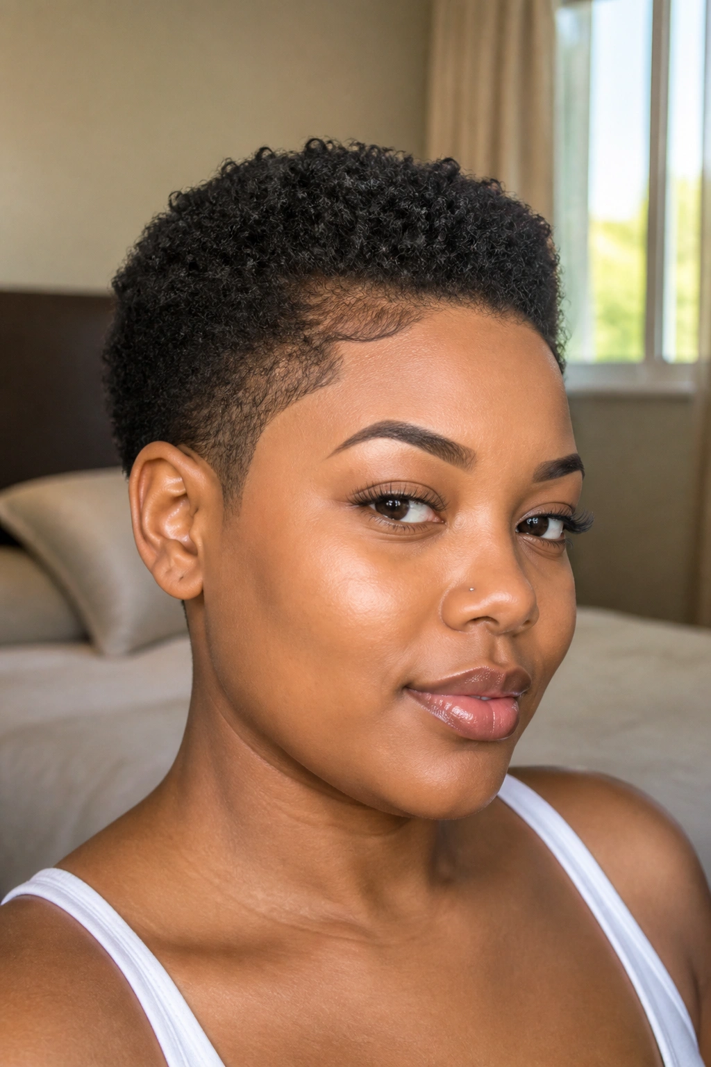 Close-up of a real woman with a TWA featuring shaped edges and height