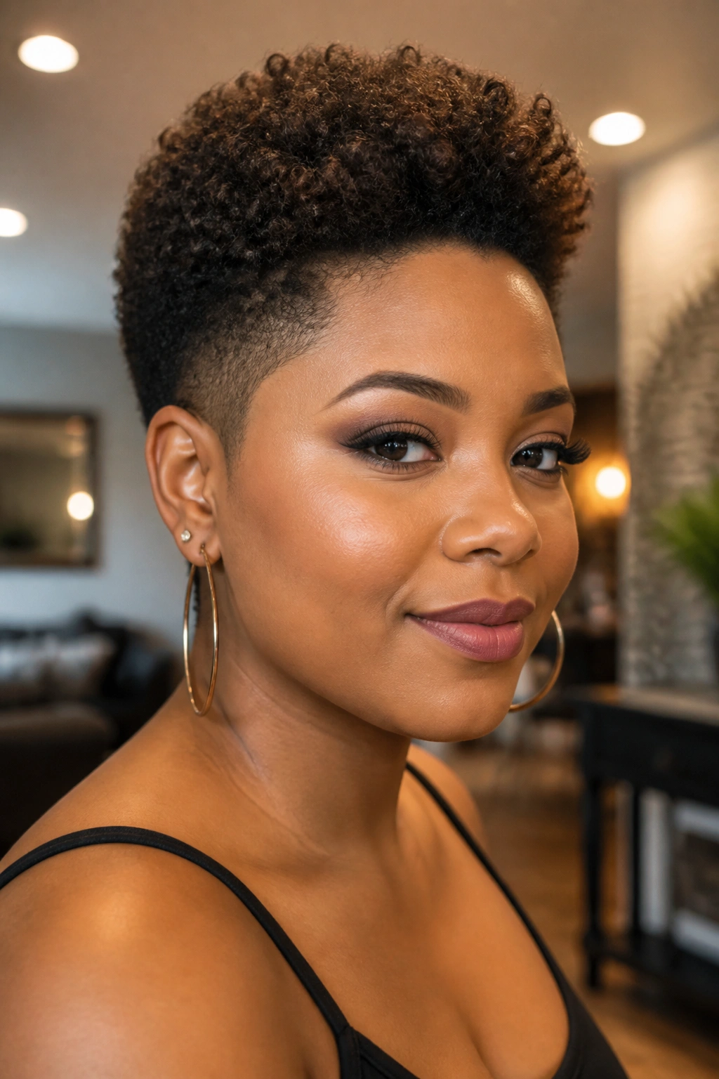 Close-up of tiny Afro with tapered sides and lifted top on a real person
