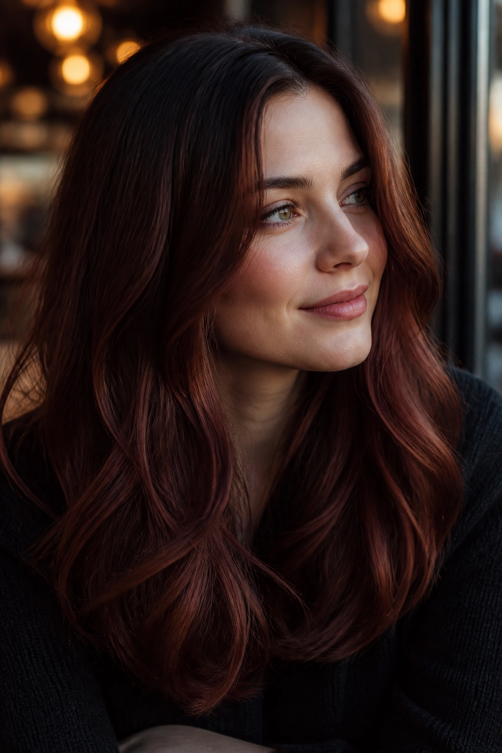Close-up portrait of a real person with Twilight Auburn hair showing dark roots and auburn mid-lengths in dusky light