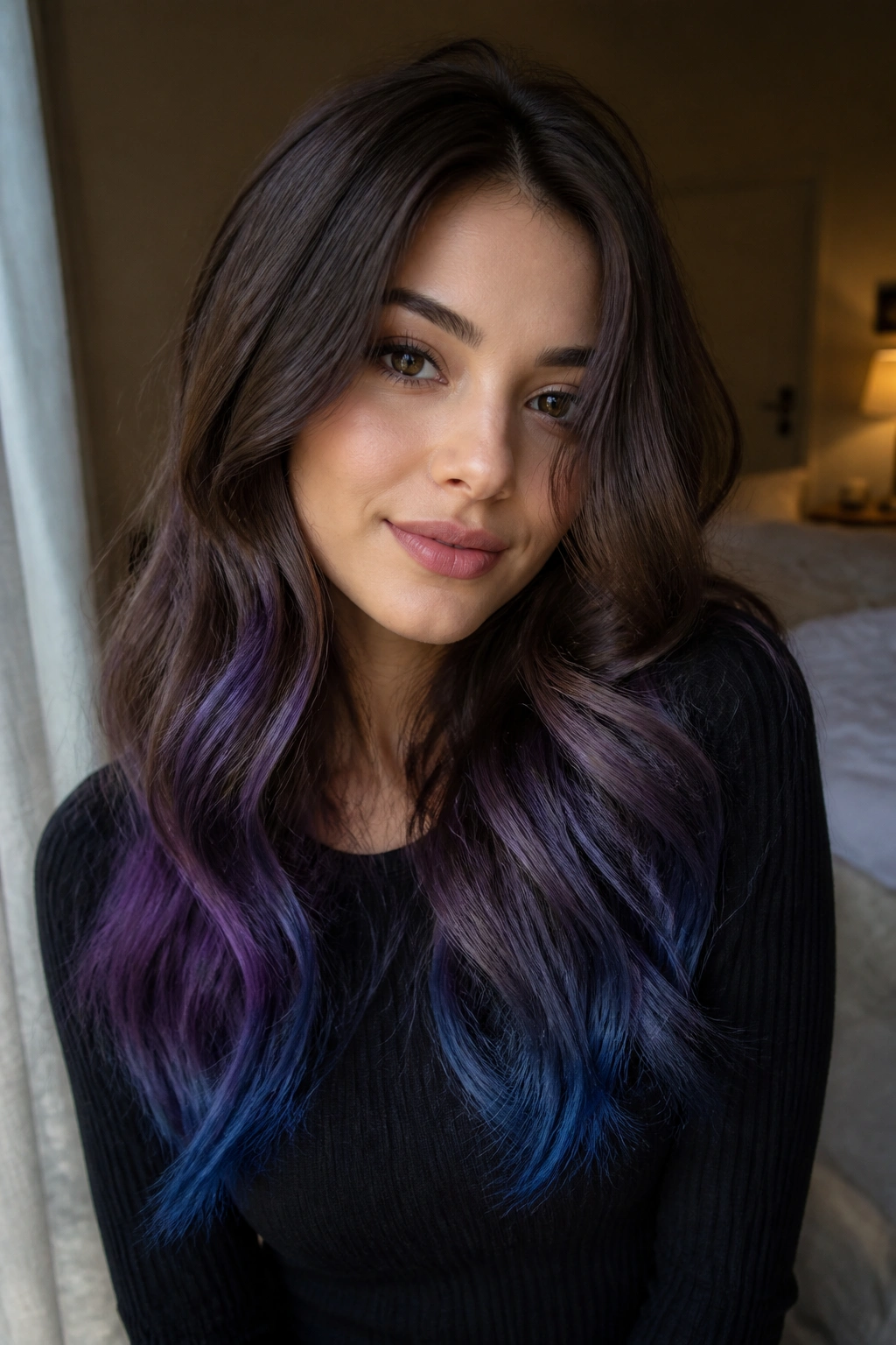 Close-up portrait of a brown-haired woman with cool twilight ends gradient at hair tips.