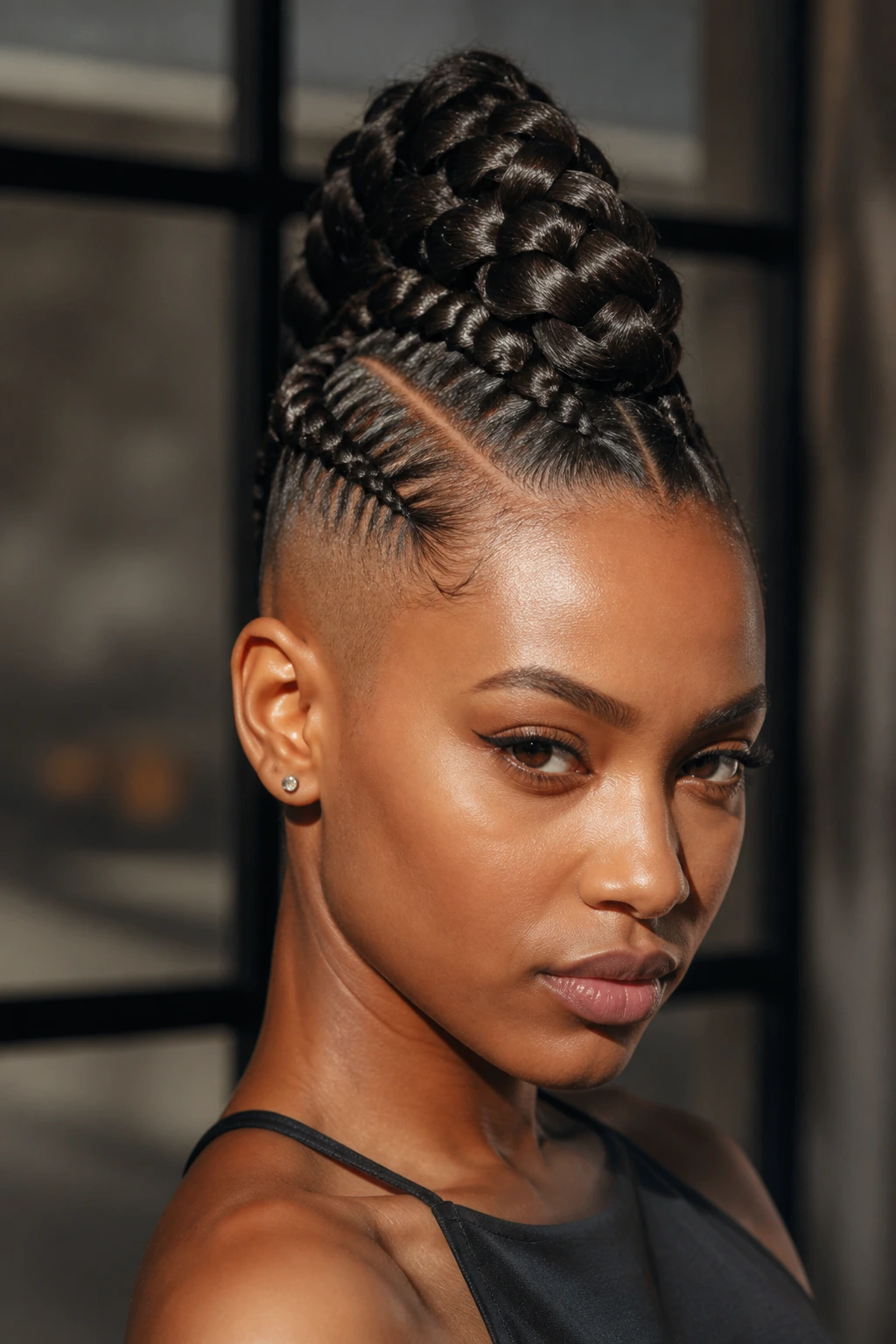 Close-up of a real woman with twin braids forming a high crown mohawk.