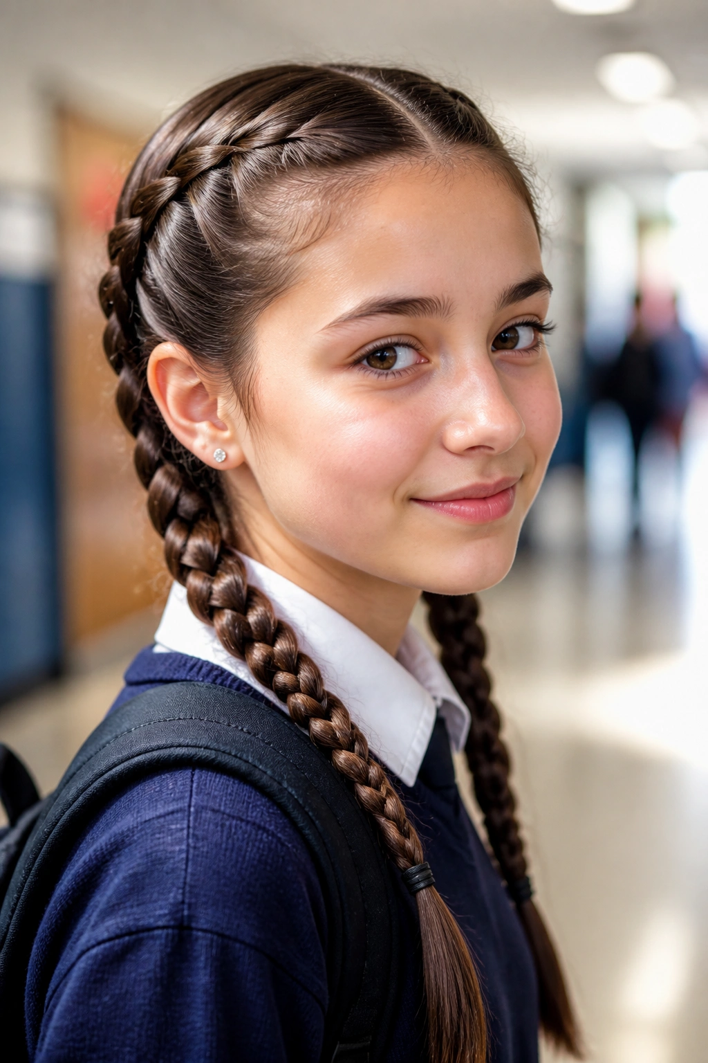 Close-up front/side view of a real student with twin braids and middle part