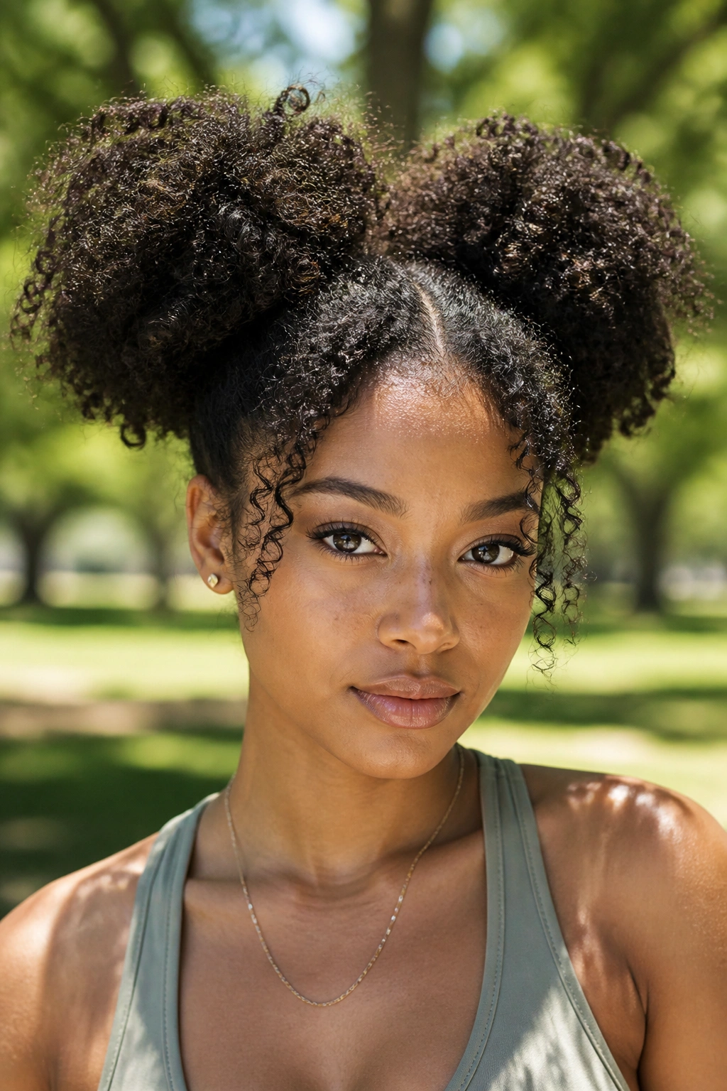 Close-up of a real person with two high twin puffs in thick curls