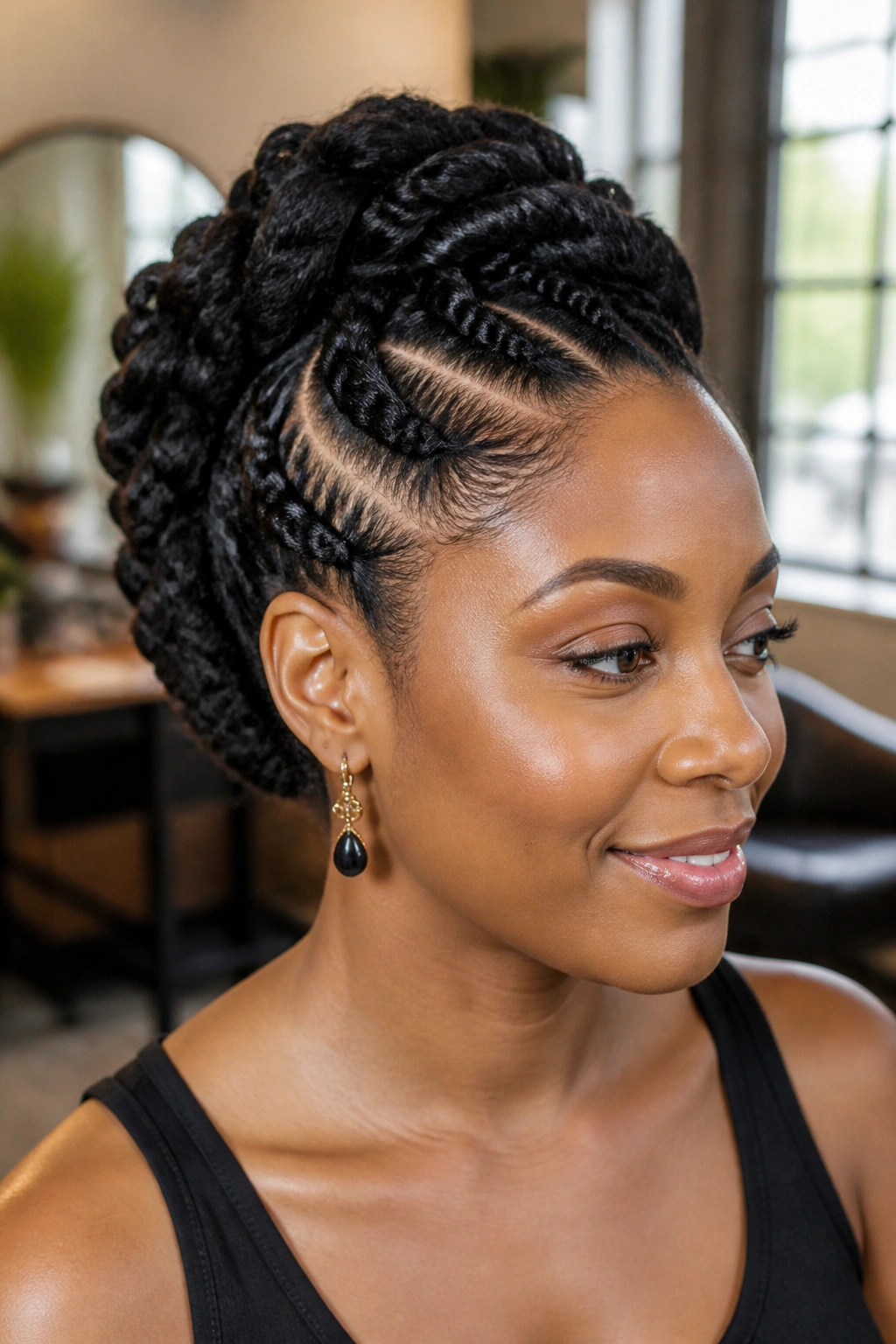 Real woman with a twist-and-braid updo, textured twists and braids visible.