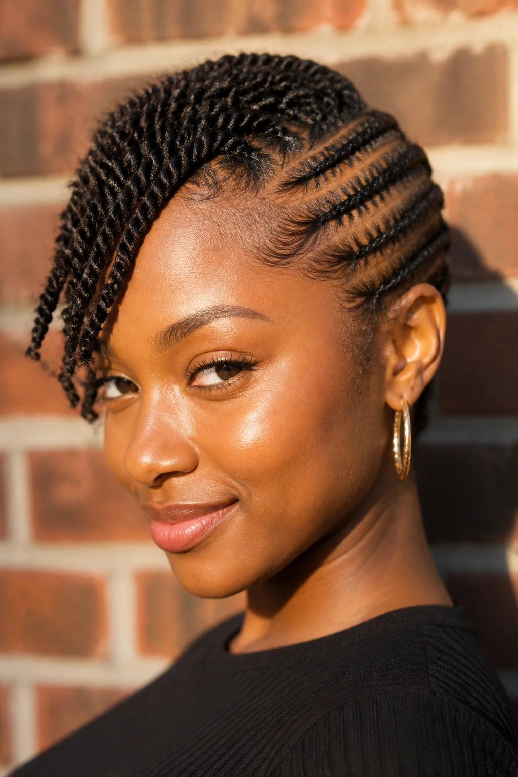 Portrait of woman with twisted front section and side cornrows