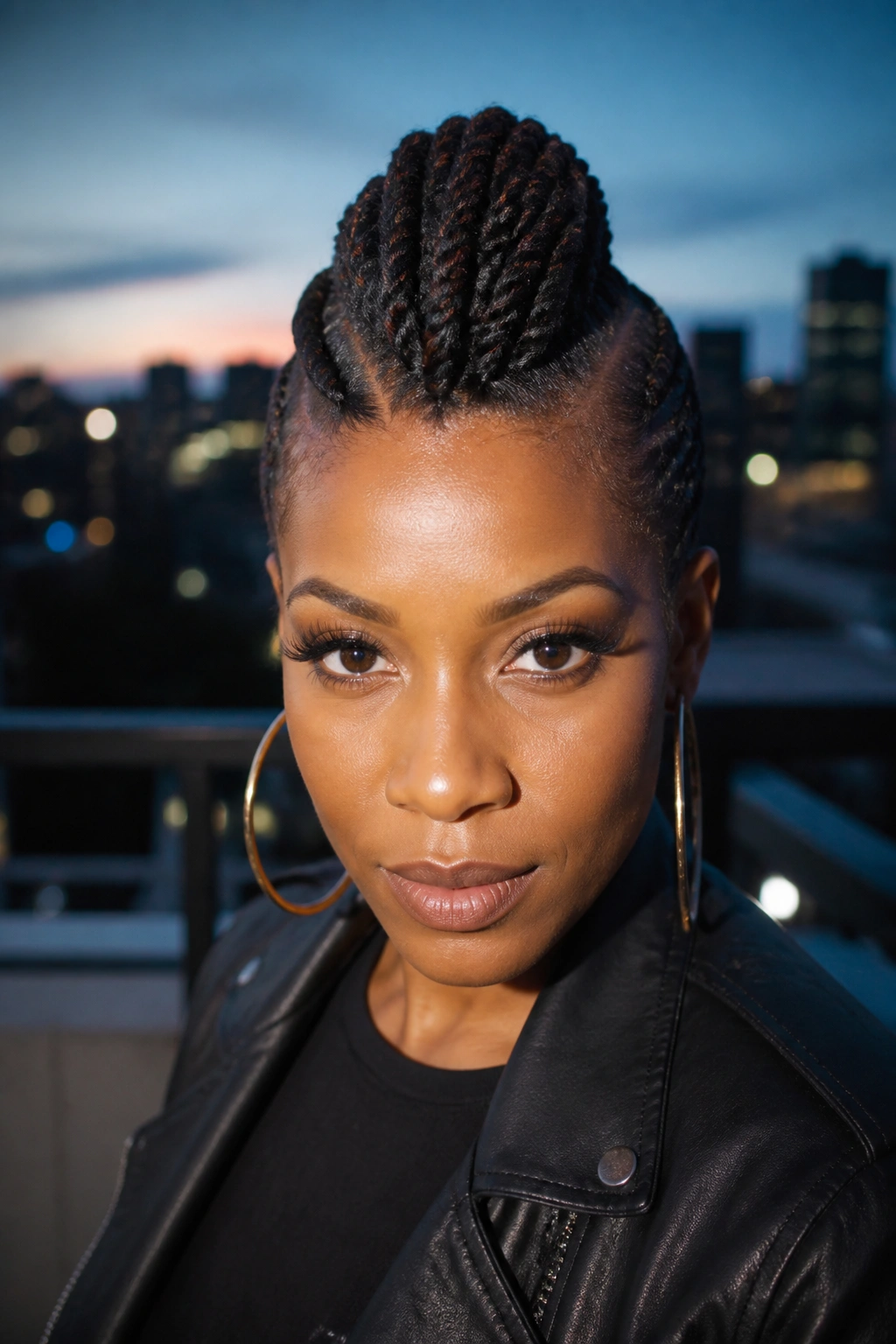 Close-up of a real person with a twist mohawk hairstyle on an urban rooftop