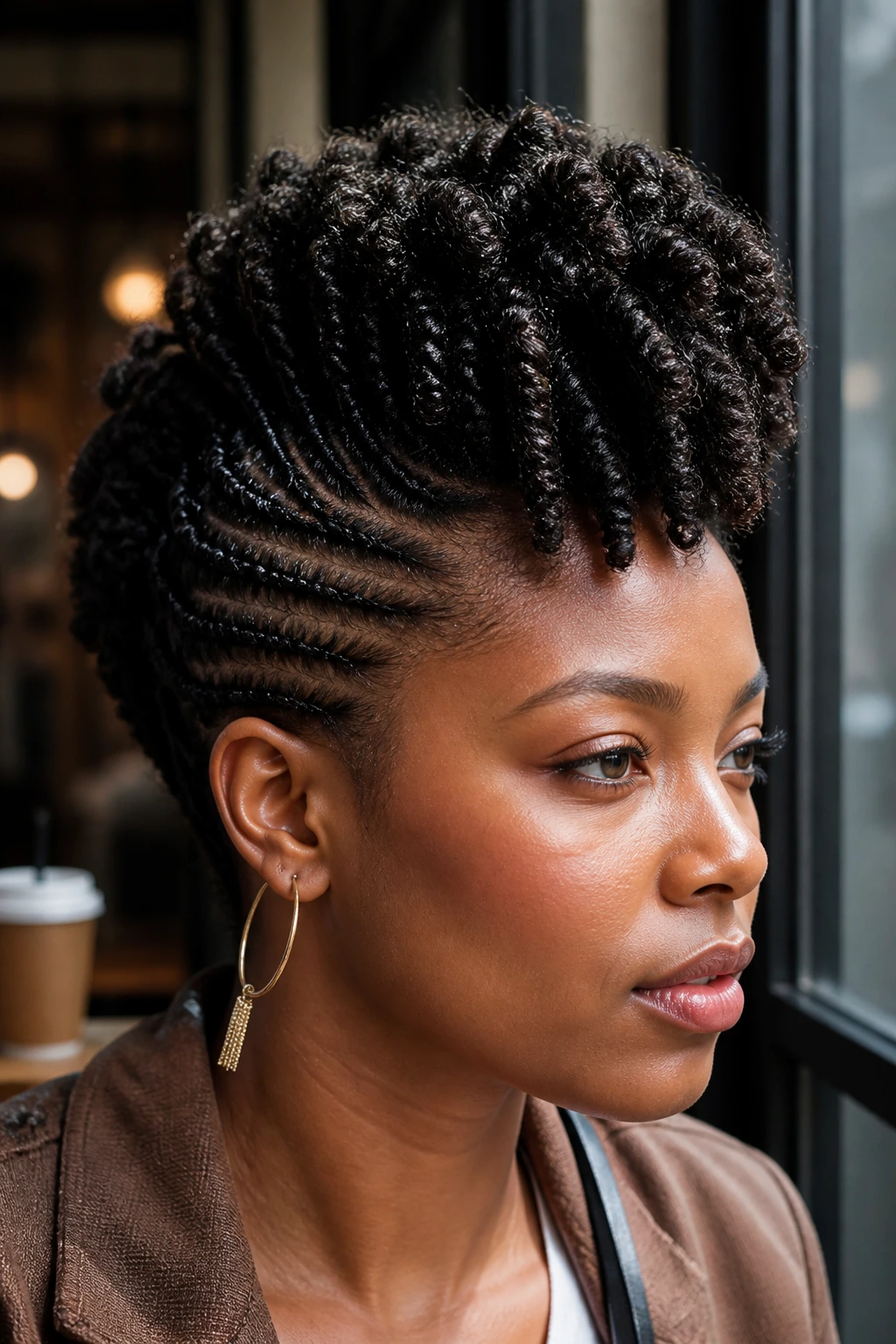 Close-up of a Black woman with two-strand twists forming a Mohawk in a cafe