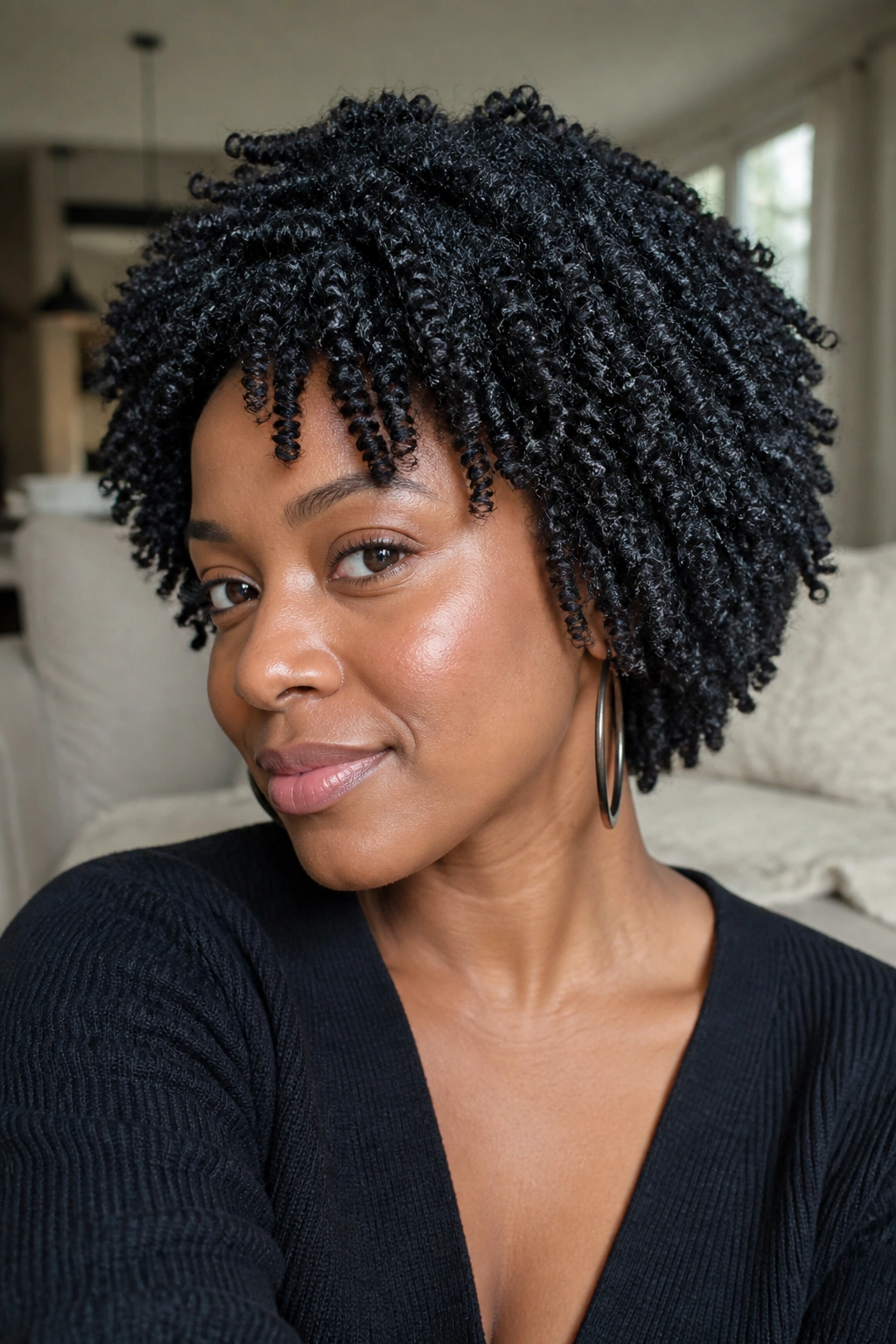 Close-up portrait of a real woman with a defined twist-out on Type 4C hair