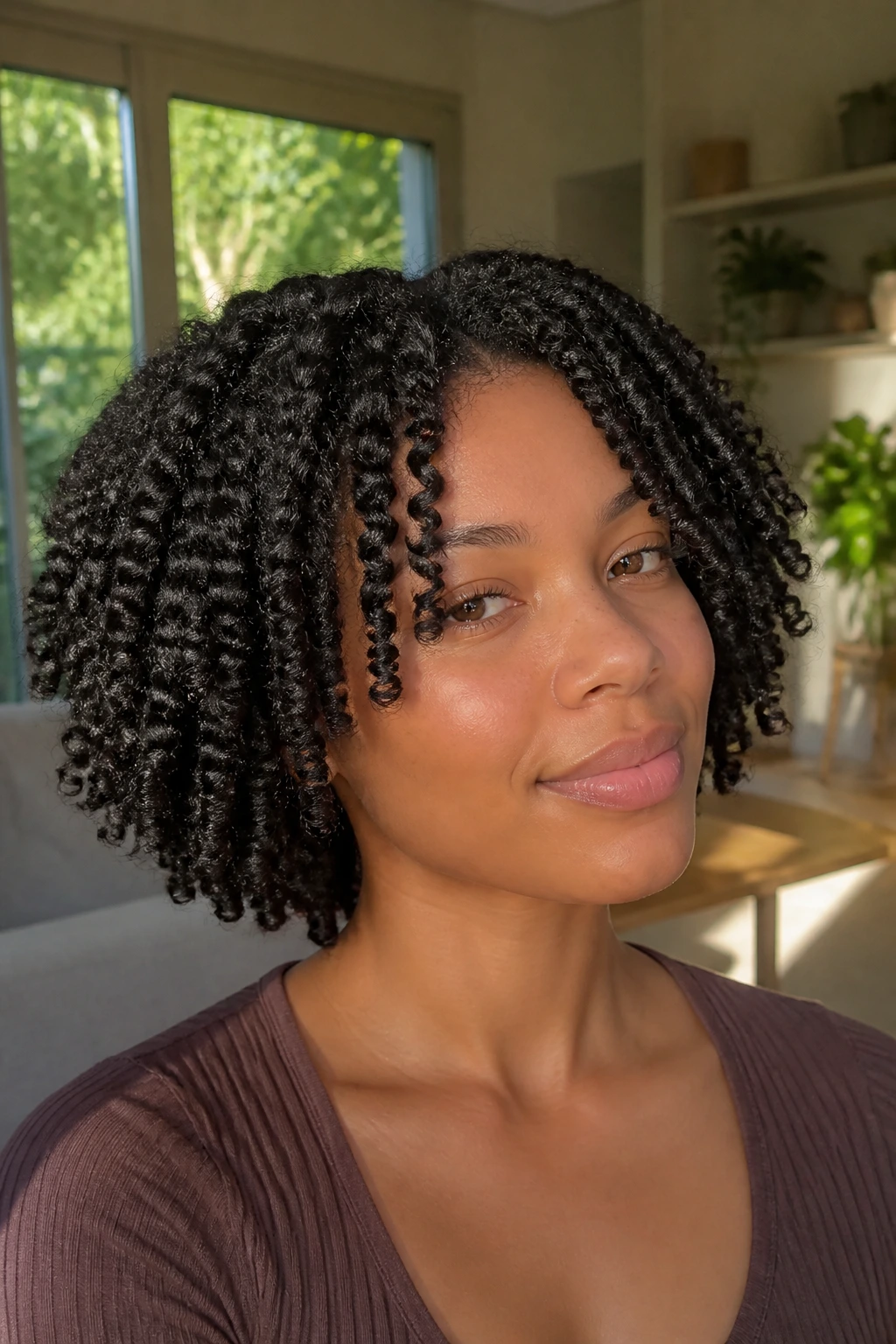 Real person with stretched twist-out bob showing lifted roots and defined curls
