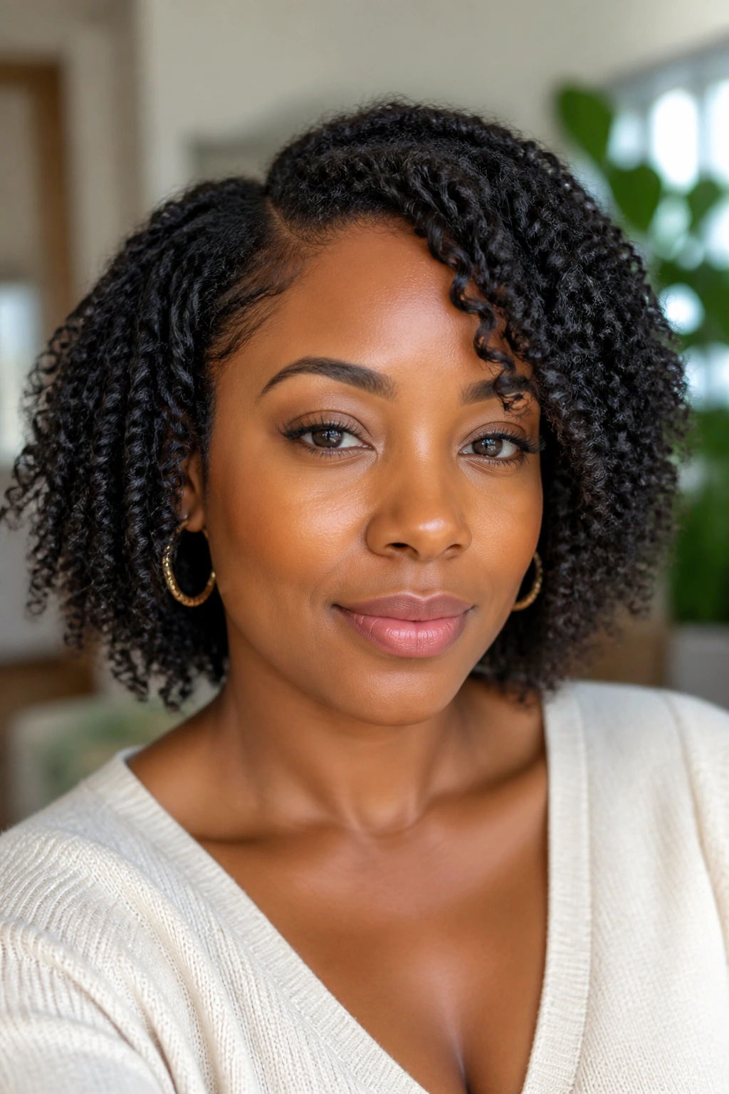 Close-up of a real woman with a defined twist-out bob and soft ends