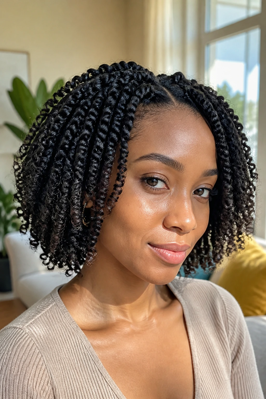 Close-up of a real woman with twist-out bob showing controlled volume