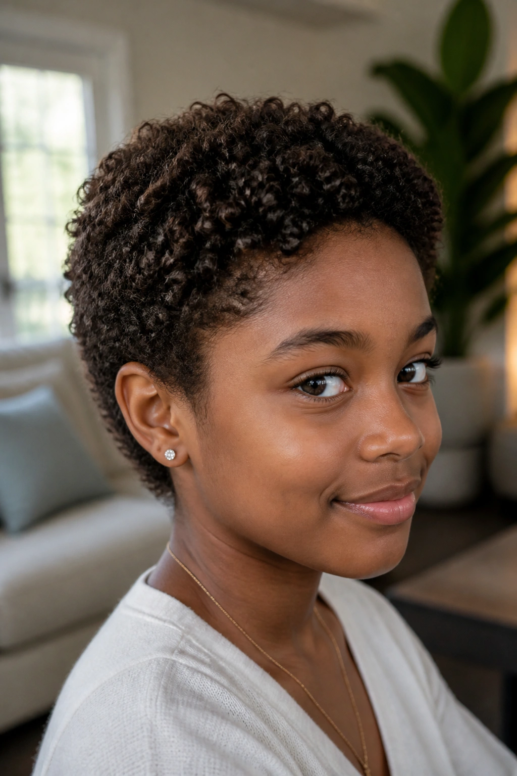 Portrait of a girl with twist-out crop hairstyle indoors