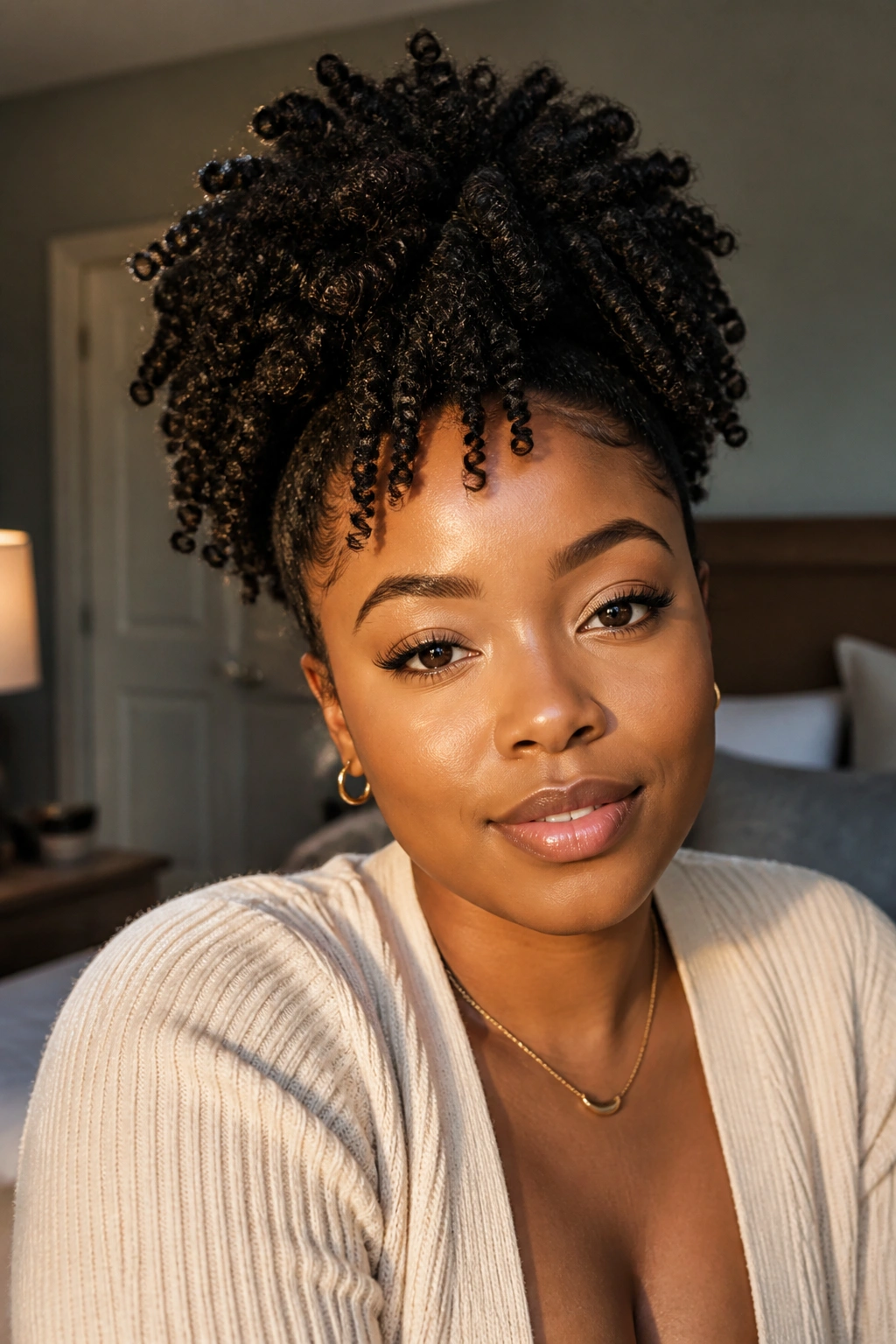 Close-up portrait of a woman with a defined twist-out and crown volume, hair lifted at the crown in natural window light