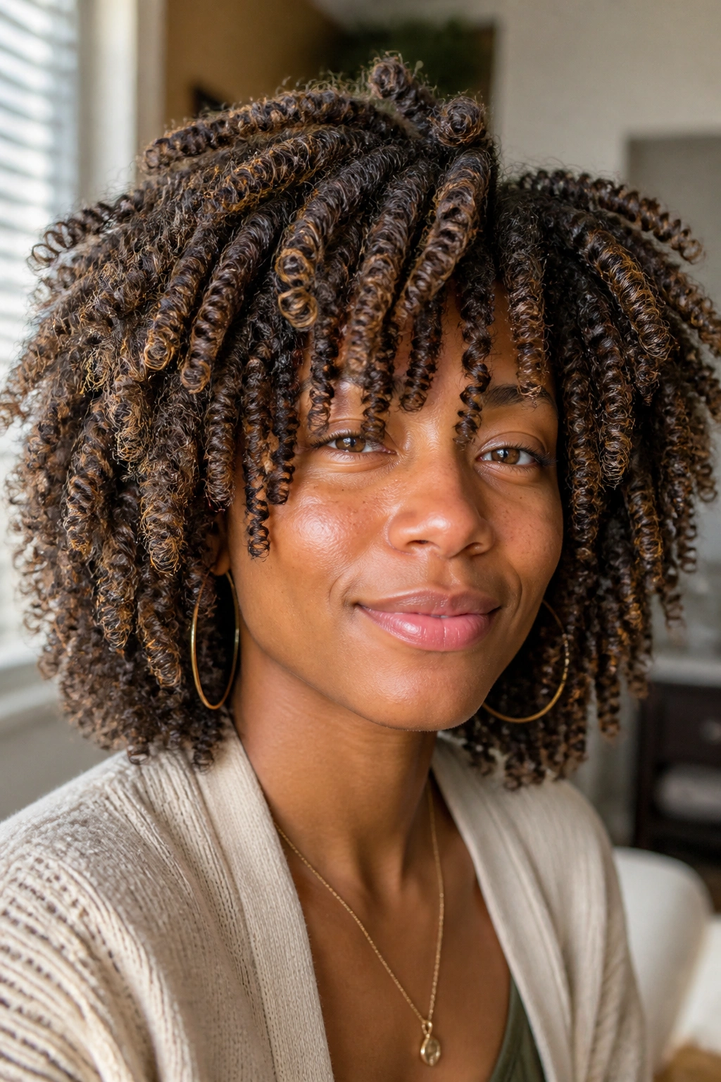 Close-up of a person with twist-out curls forming rope-like spirals in warm indoor light