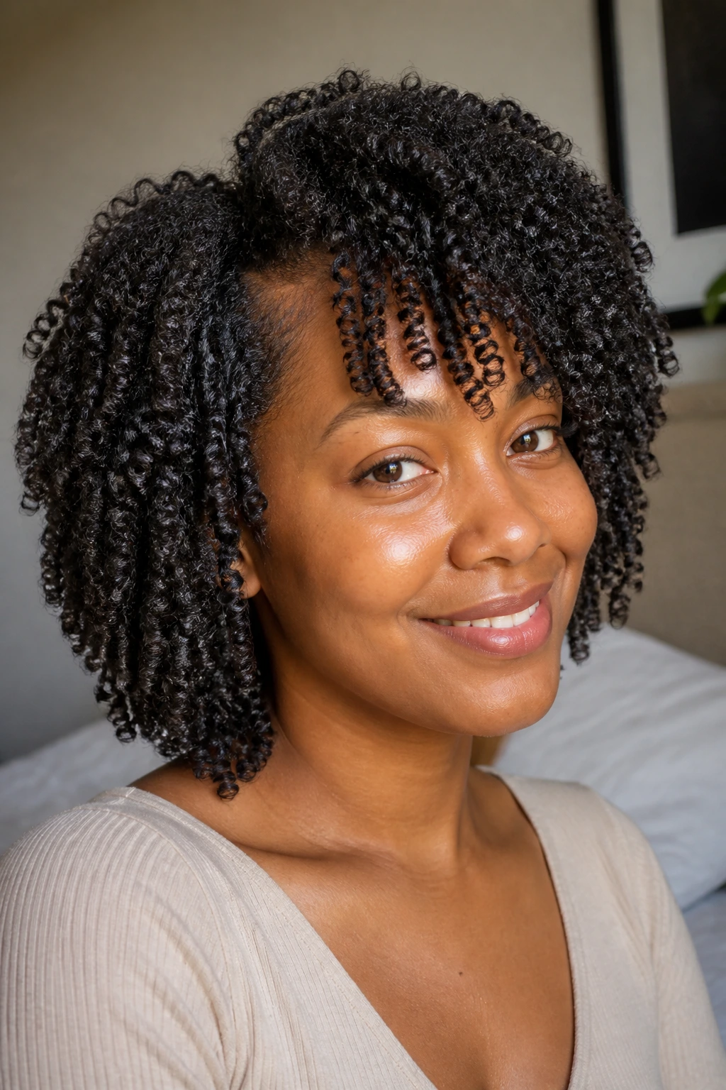 Close-up portrait of a real woman with twist-out curls and soft volume