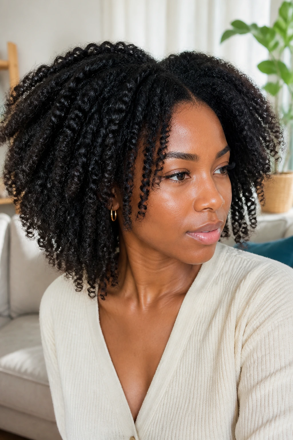 Close-up portrait of a real person with a twist-out hairstyle featuring stretched ends and volume.