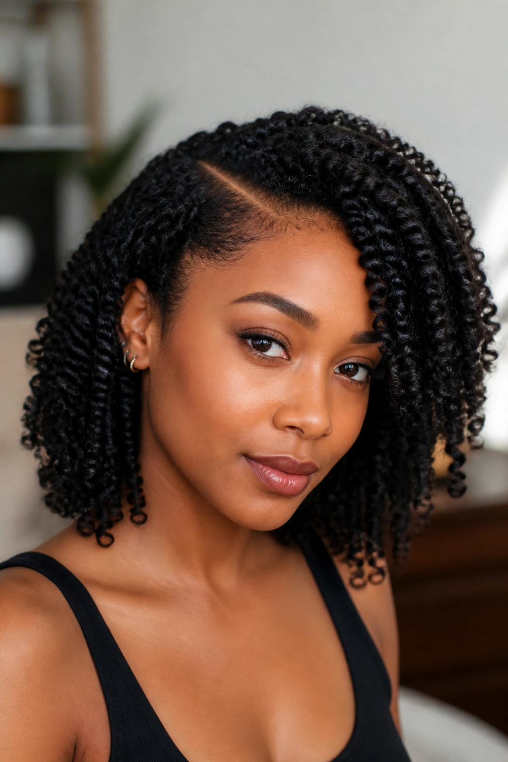 Close-up of a real woman with twist-out and deep side part