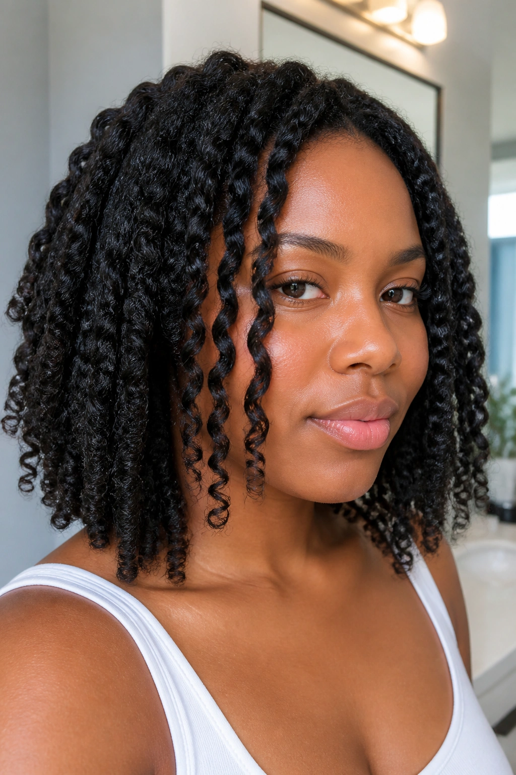 Close-up portrait of a person with twist-out curls that elongate toward the ends