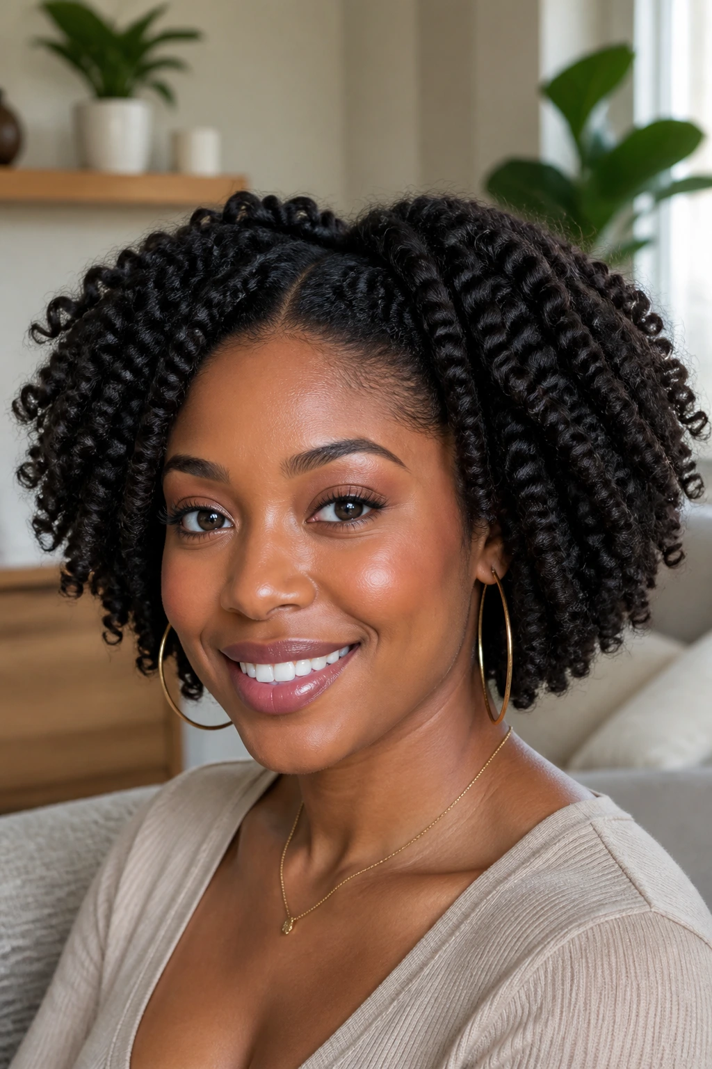 Close-up portrait of a real woman with twist-out halo on thick coily hair in natural window light.