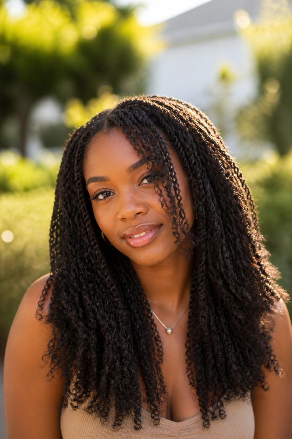 Medium close-up of person with long twist-out and layered ends