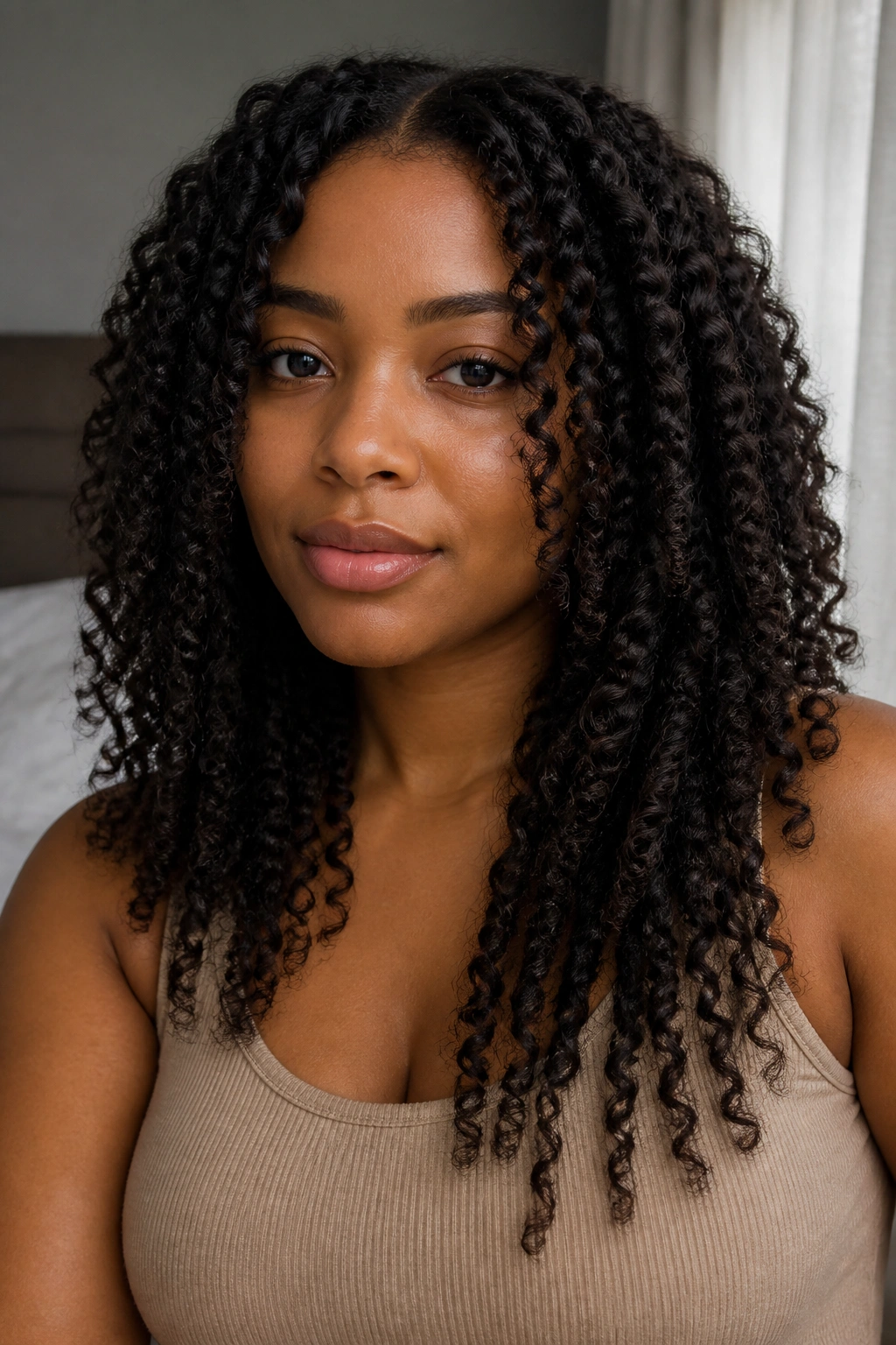 Twist-out hairstyle on real woman showing length after unraveling