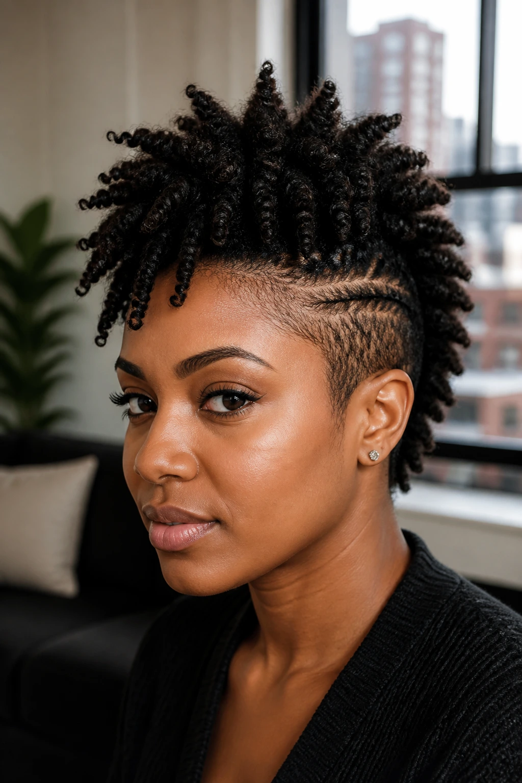 Close-up of a real person with twist-out mohawk on top and low sides