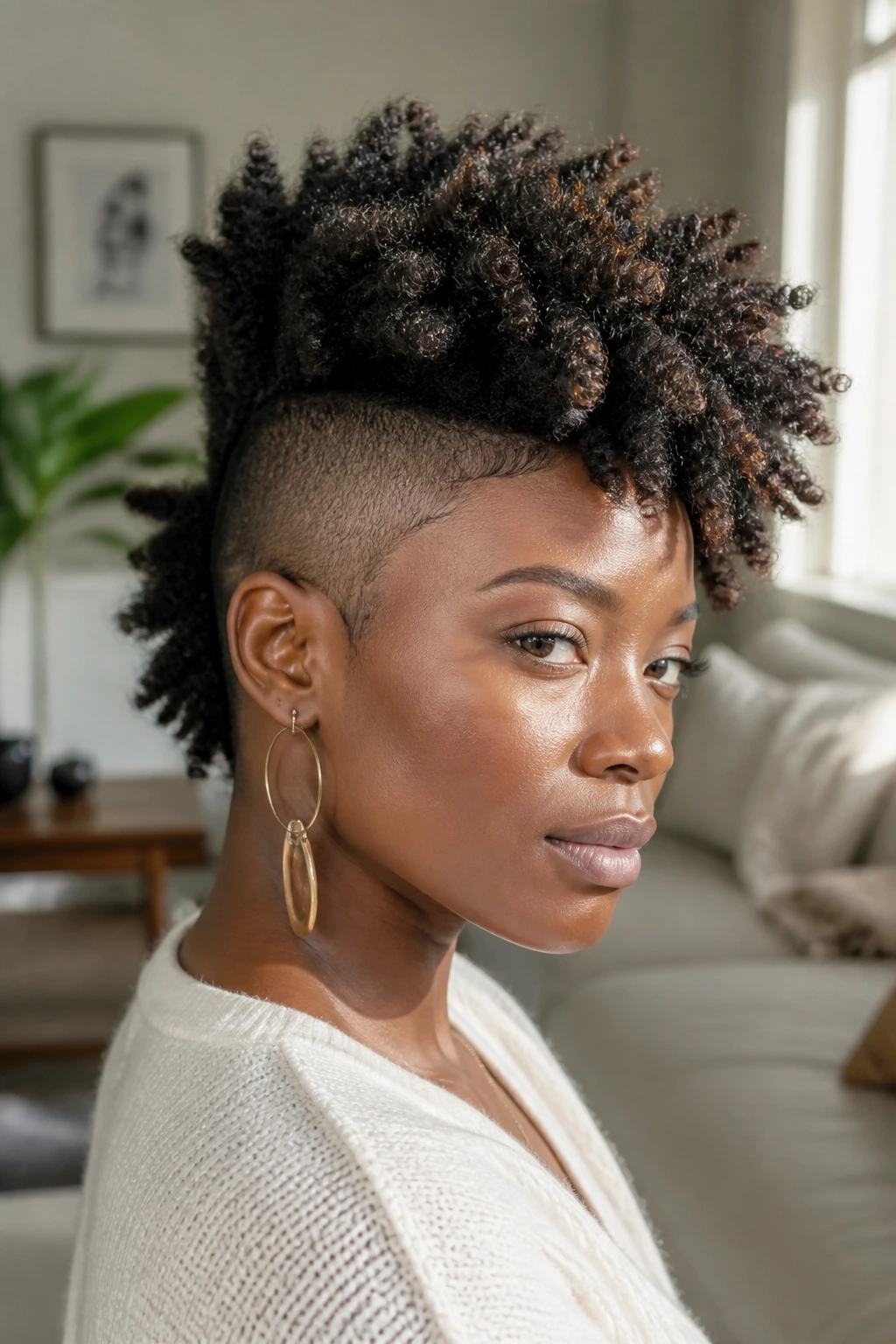 Close-up of a real person with natural twist-out mohawk hairstyle in warm daylight