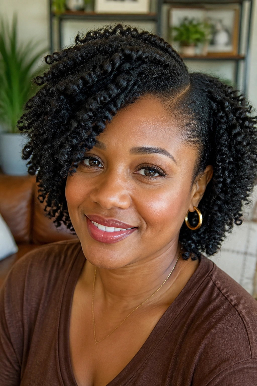 Portrait of a person with a side-part twist-out on natural hair