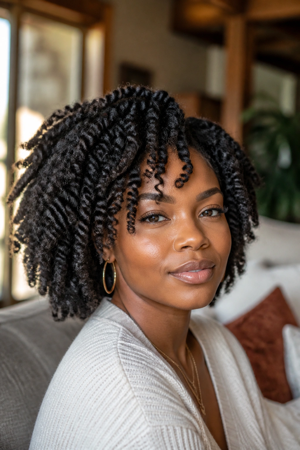 Close-up of a real woman with twist-out natural hairstyle