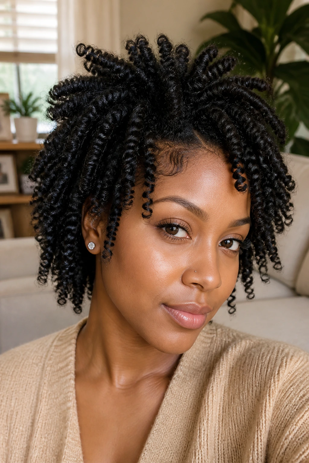 Close-up of real person with twist-out and lifted roots at the crown