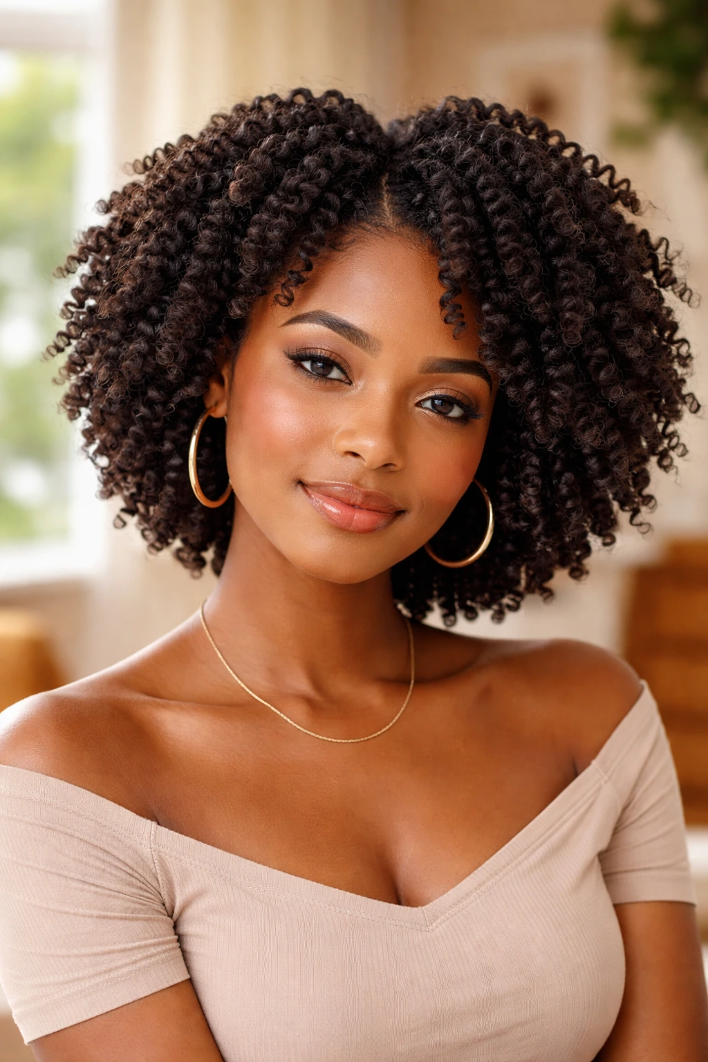 Close-up of a real woman with a rounded twist-out hairstyle framing the head
