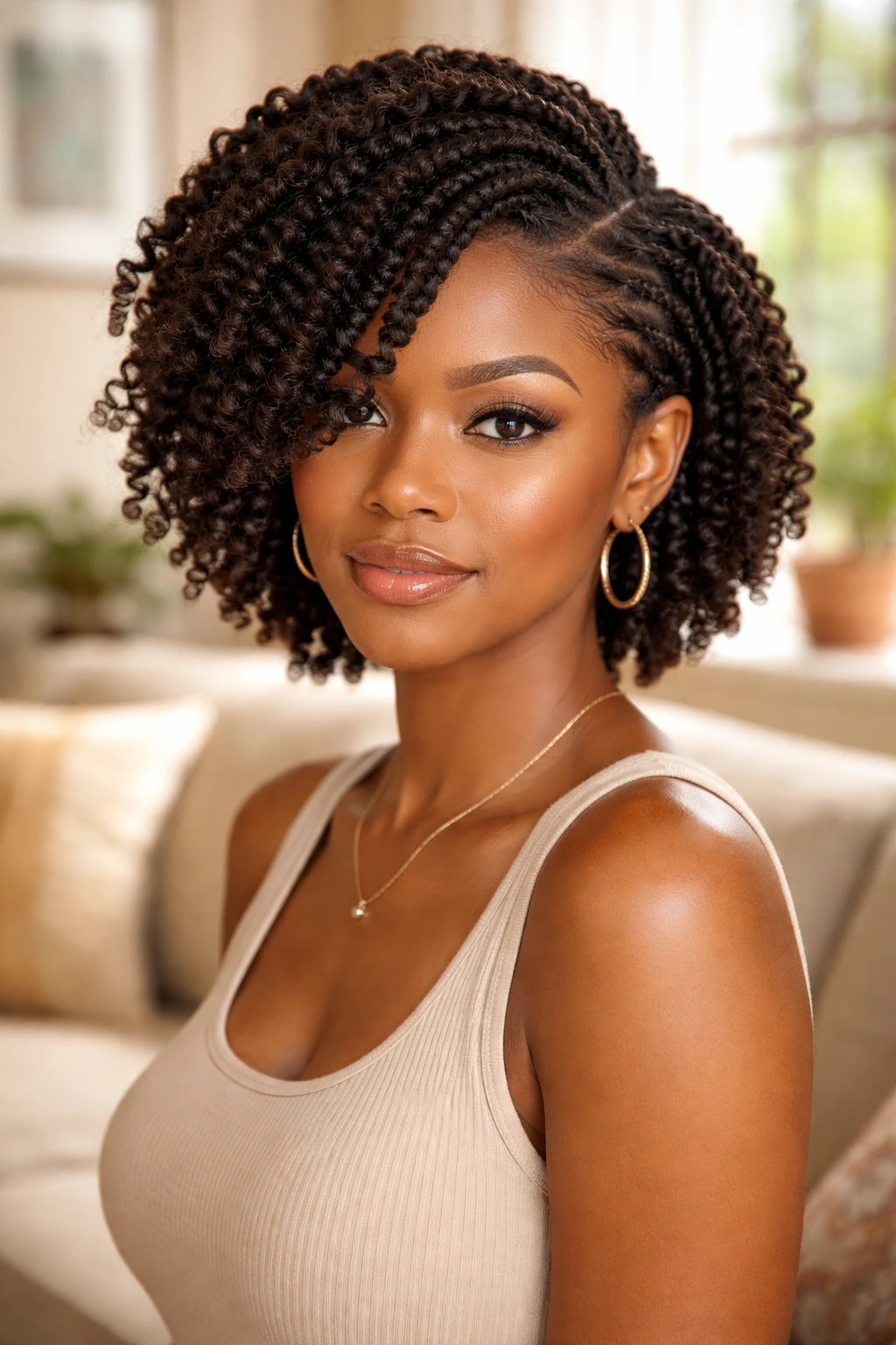 Close-up portrait of a real woman with a deep side-part twist-out